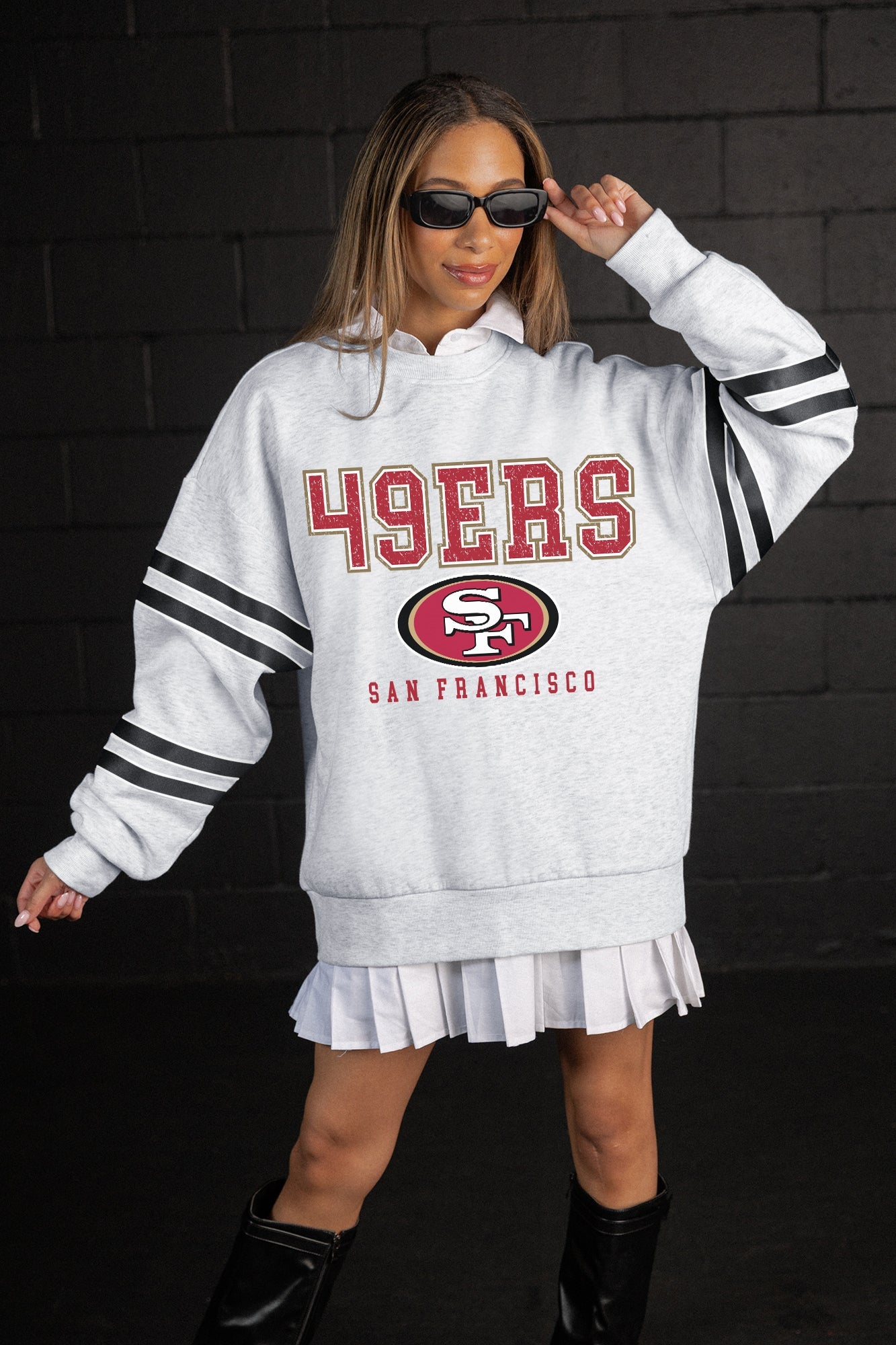 SAN FRANCISCO 49ERS STADIUM STRIPES STRIPE SLEEVE CREWNECK SWEATSHIRT