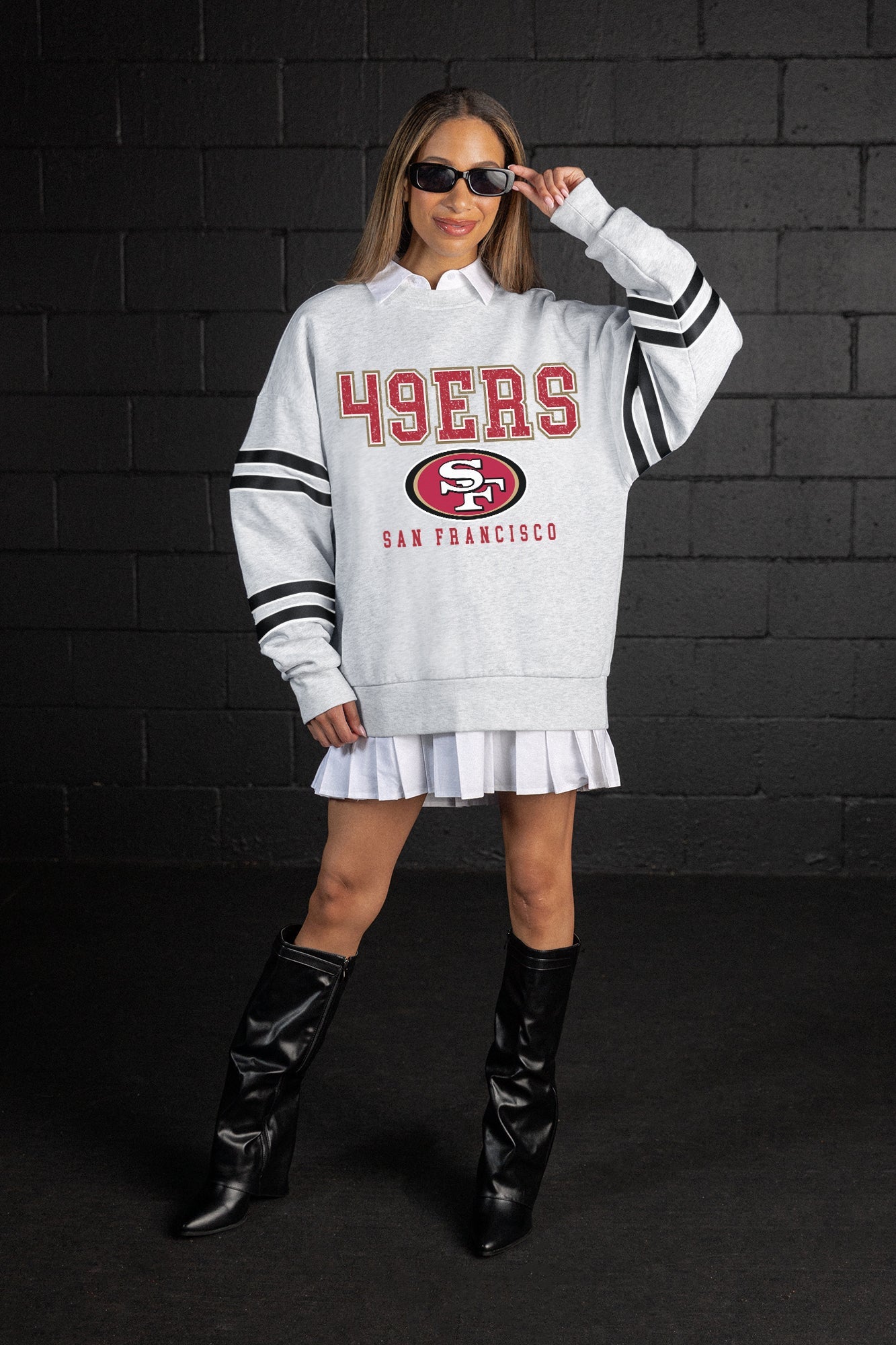 SAN FRANCISCO 49ERS STADIUM STRIPES STRIPE SLEEVE CREWNECK SWEATSHIRT