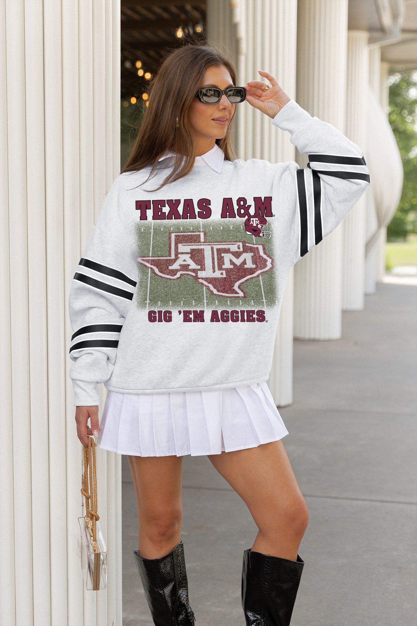 TEXAS A&M AGGIES OFF THE GRID STRIPE SLEEVE CREWNECK SWEATSHIRT