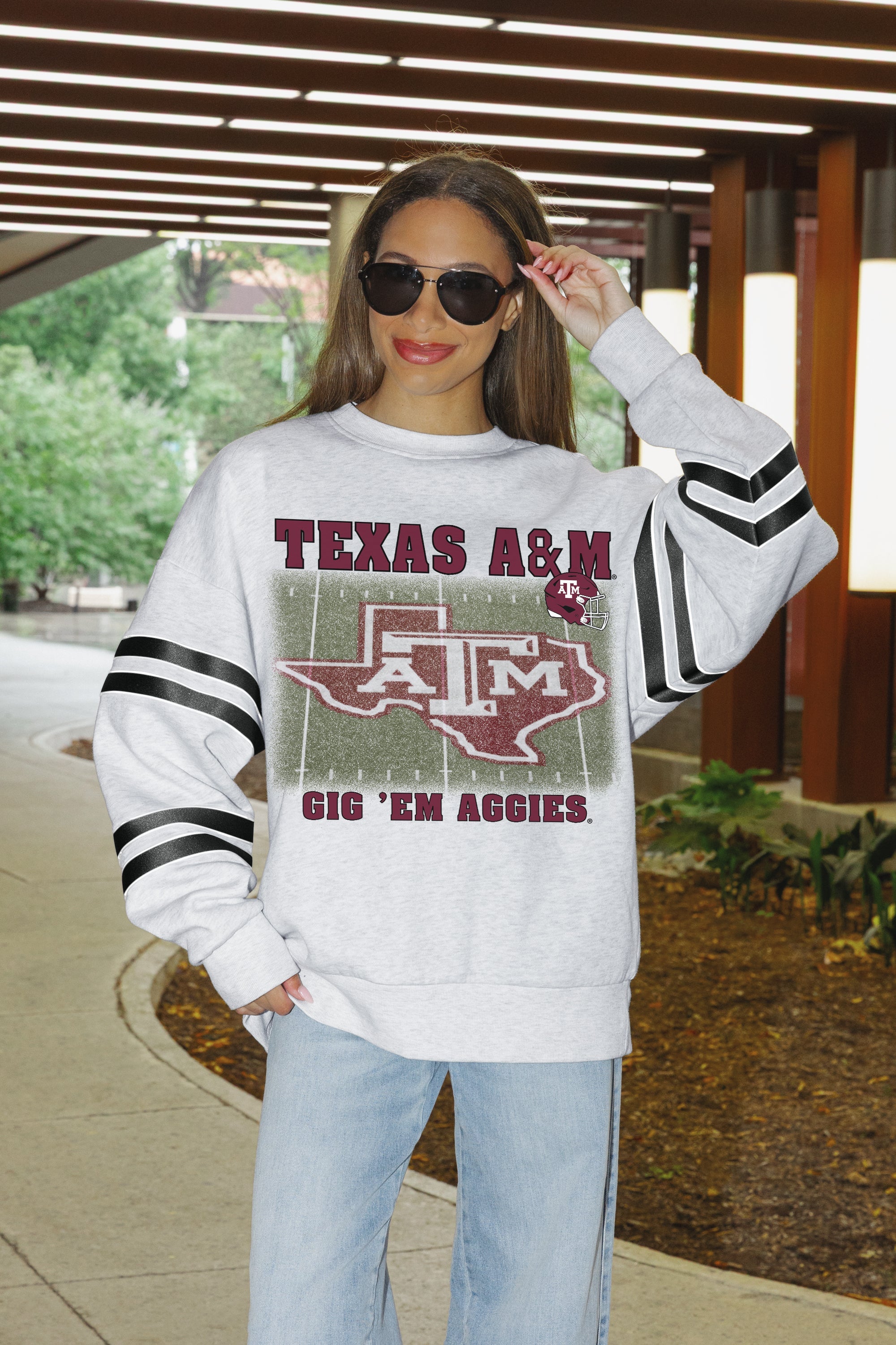 TEXAS A&M AGGIES OFF THE GRID STRIPE SLEEVE CREWNECK SWEATSHIRT