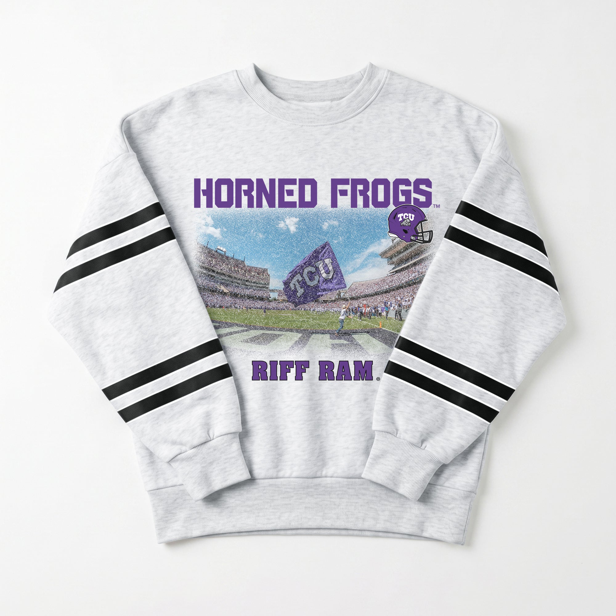 TCU HORNED FROGS OFF THE GRID STRIPE SLEEVE CREWNECK SWEATSHIRT