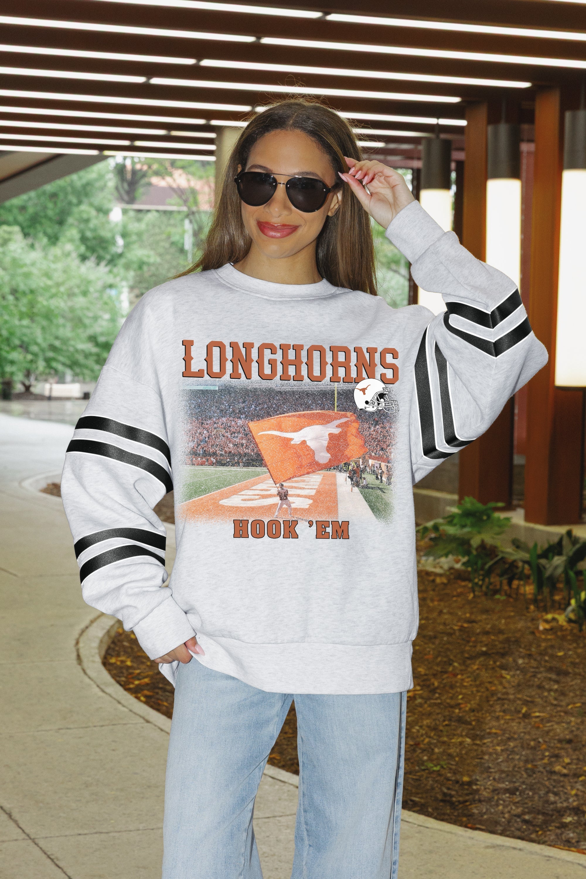 TEXAS LONGHORNS OFF THE GRID STRIPE SLEEVE CREWNECK SWEATSHIRT