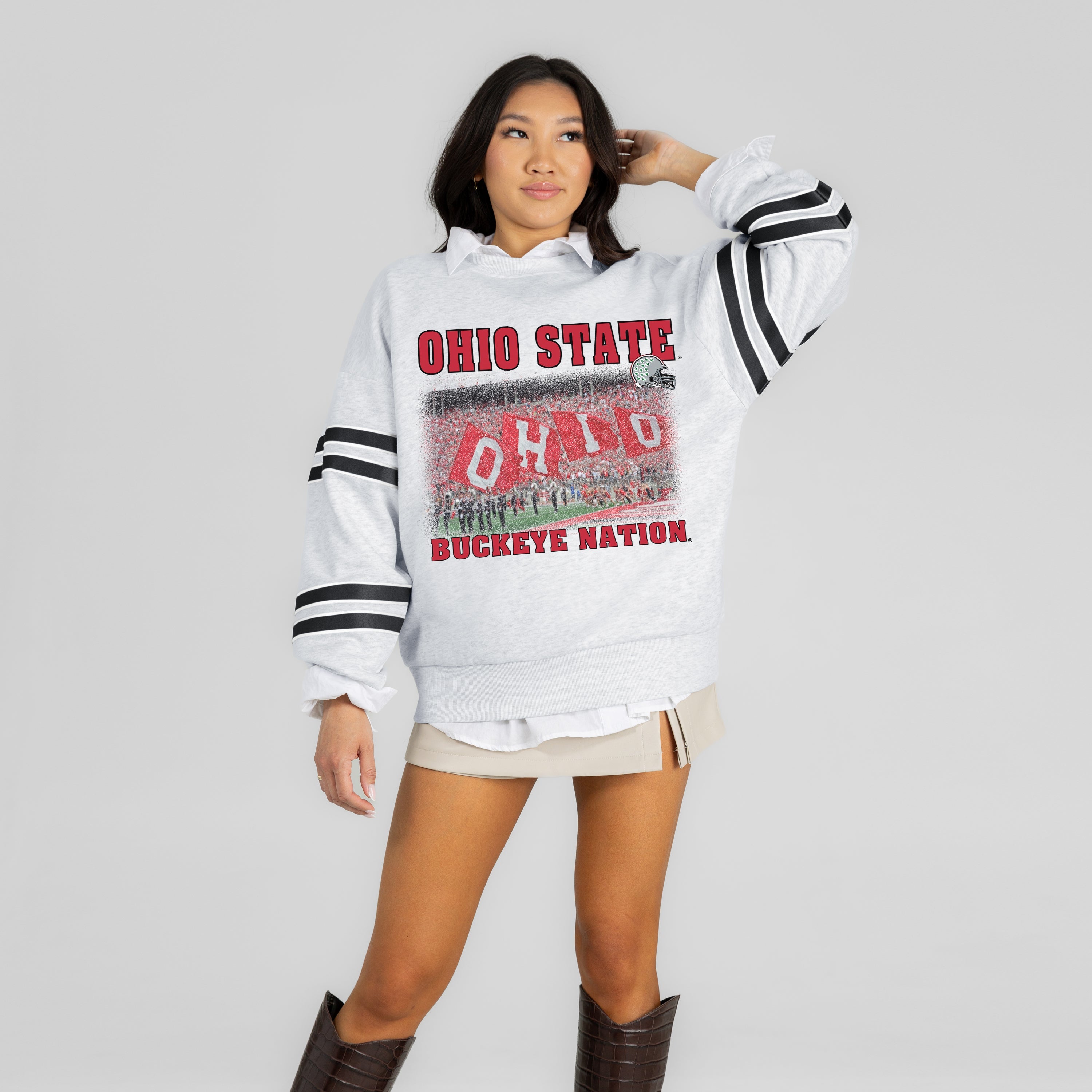 OHIO STATE BUCKEYES OFF THE GRID STRIPE SLEEVE CREWNECK SWEATSHIRT