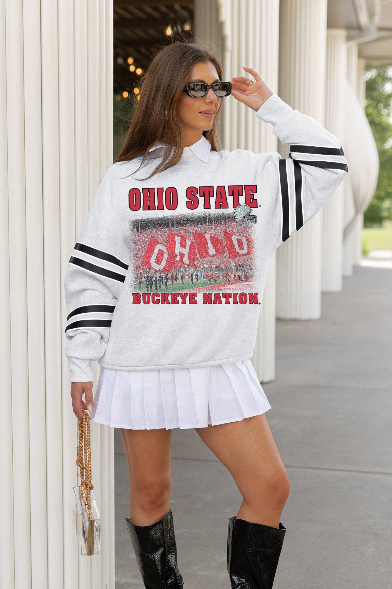 OHIO STATE BUCKEYES OFF THE GRID STRIPE SLEEVE CREWNECK SWEATSHIRT
