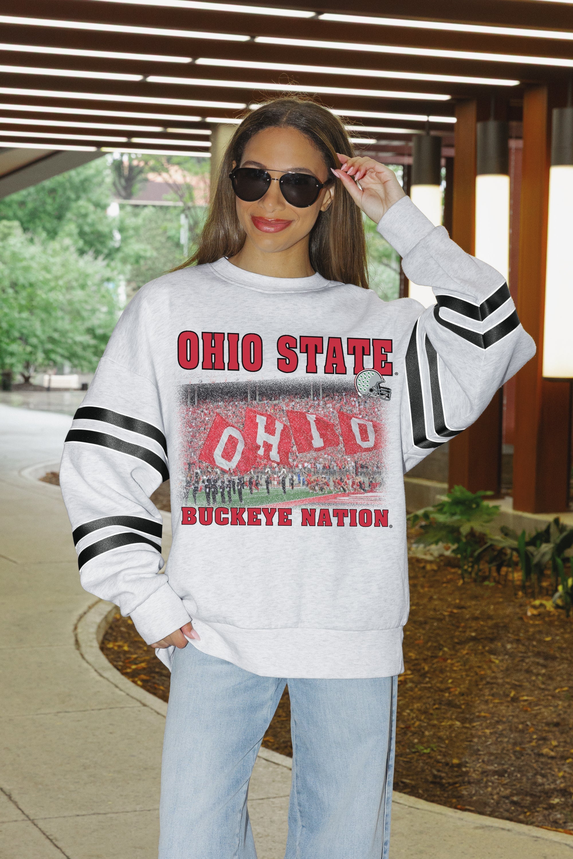 OHIO STATE BUCKEYES OFF THE GRID STRIPE SLEEVE CREWNECK SWEATSHIRT