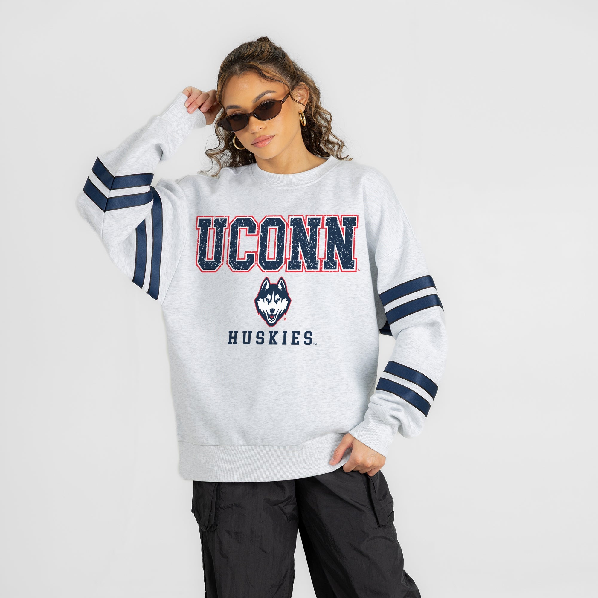 UCONN HUSKIES STADIUM STRIPES STRIPE SLEEVE CREWNECK SWEATSHIRT