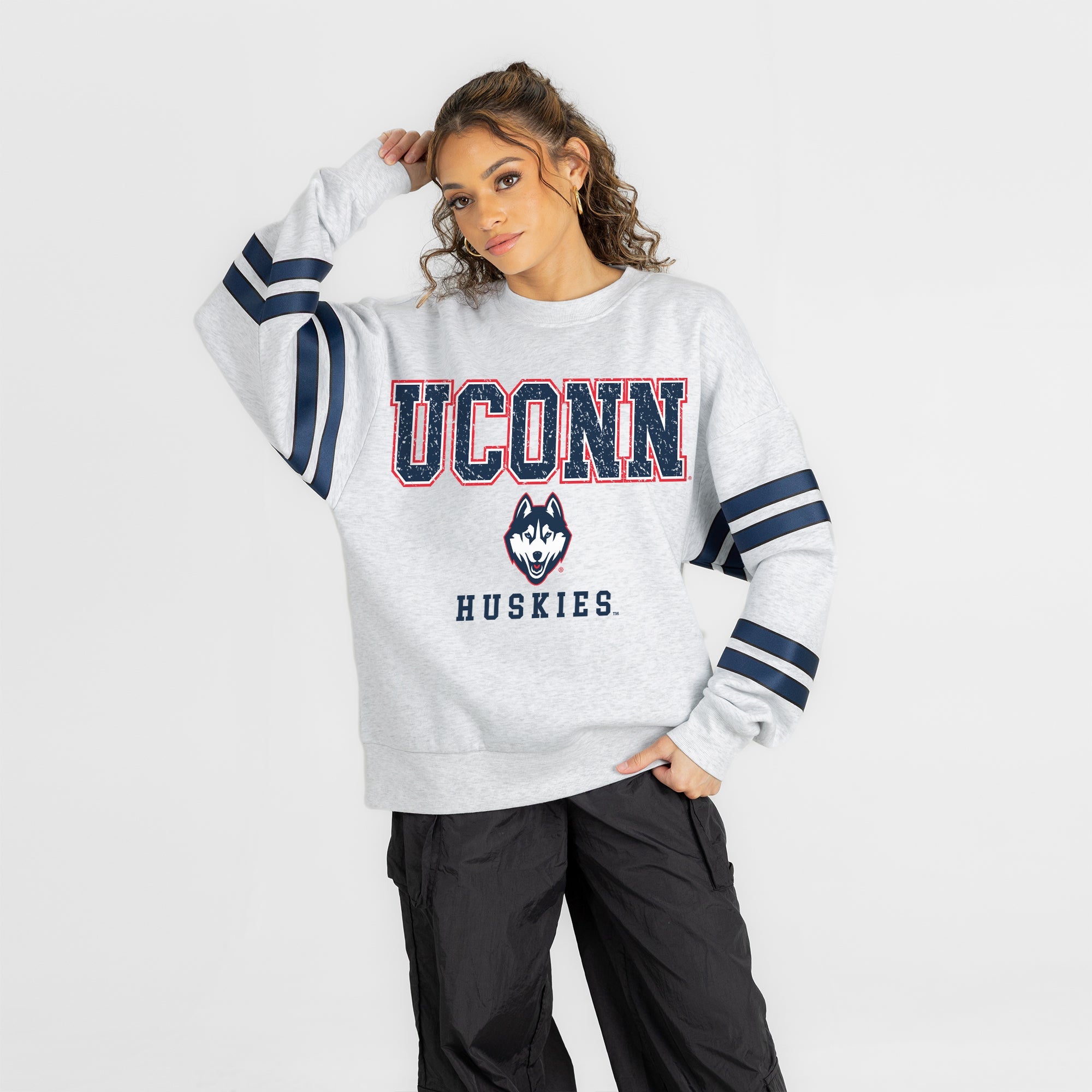 UCONN HUSKIES STADIUM STRIPES STRIPE SLEEVE CREWNECK SWEATSHIRT