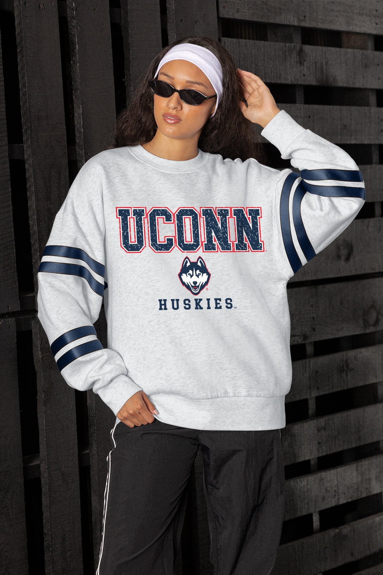 UCONN HUSKIES STADIUM STRIPES STRIPE SLEEVE CREWNECK SWEATSHIRT