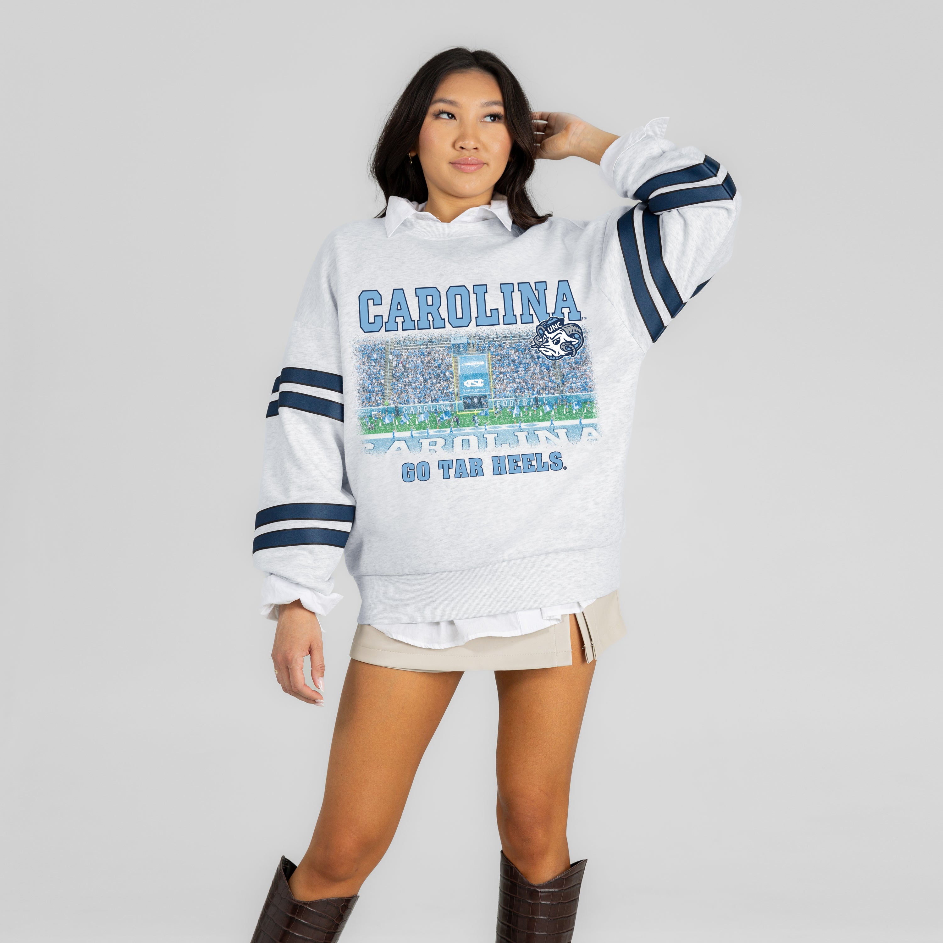 NORTH CAROLINA TAR HEELS OFF THE GRID STRIPE SLEEVE CREWNECK SWEATSHIRT