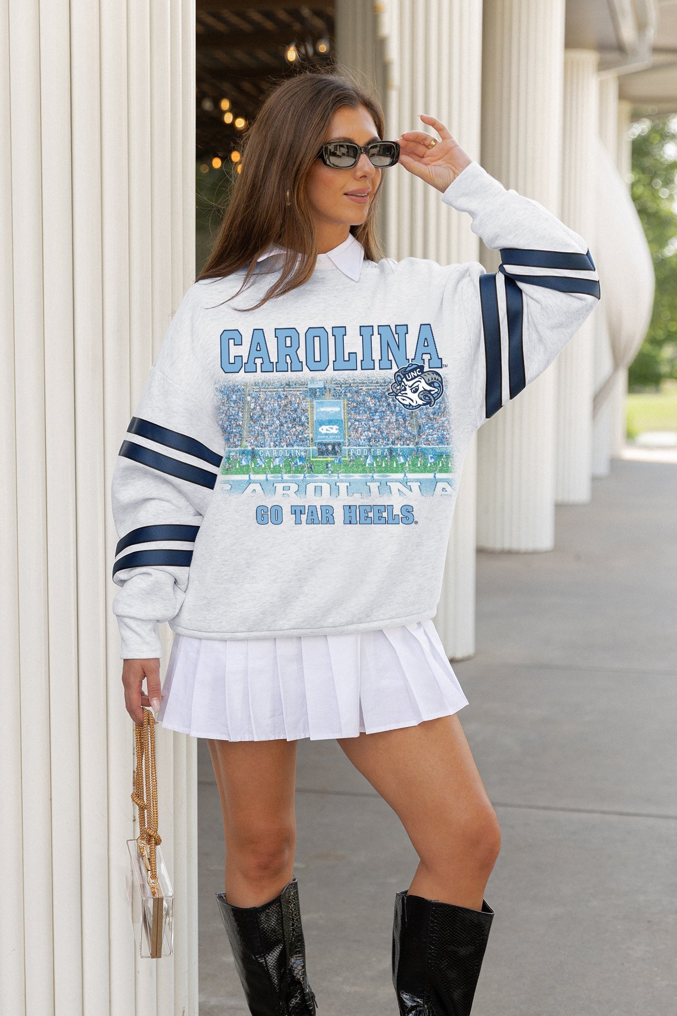 NORTH CAROLINA TAR HEELS OFF THE GRID STRIPE SLEEVE CREWNECK SWEATSHIRT