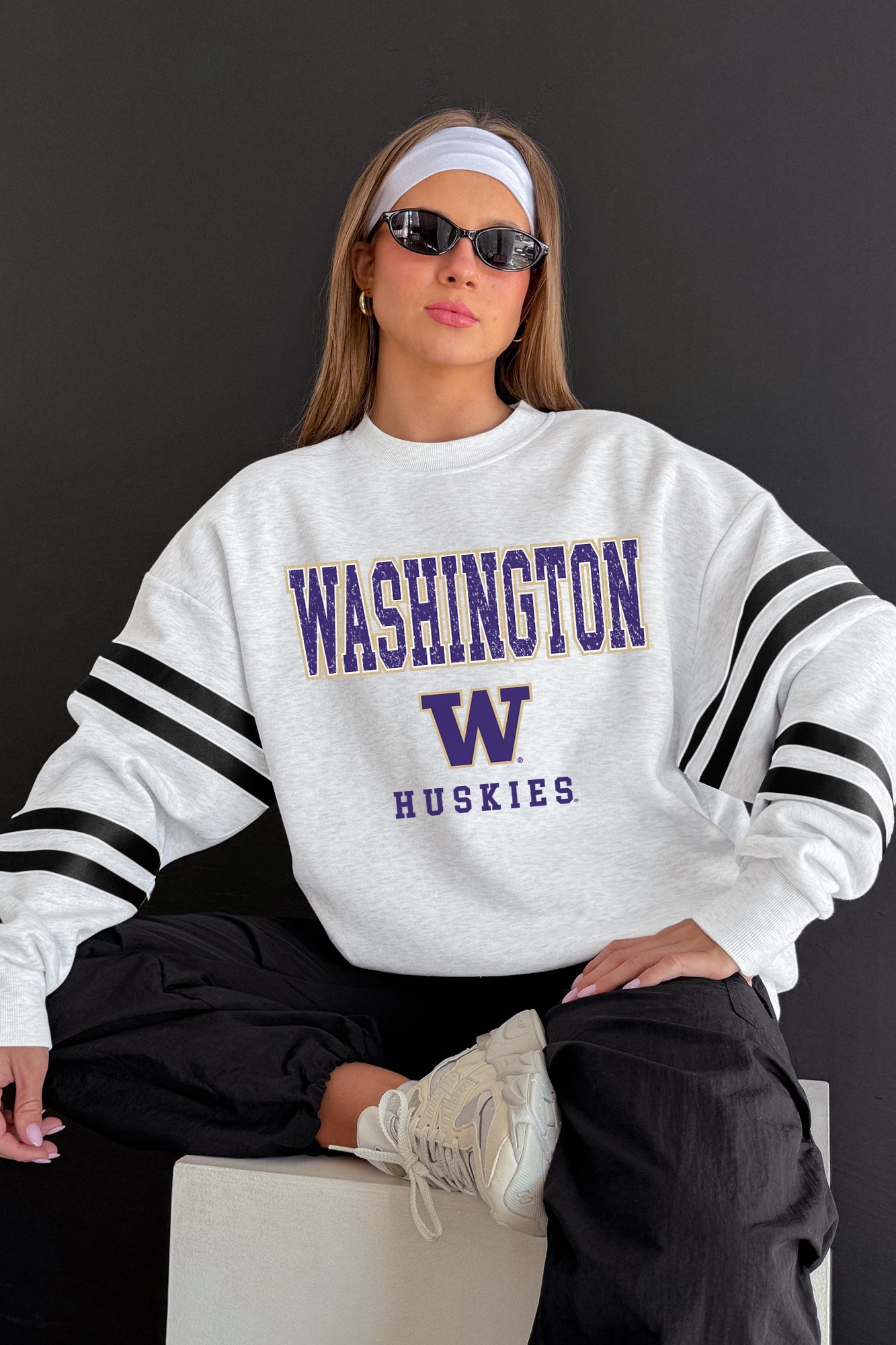 WASHINGTON HUSKIES STADIUM STRIPES STRIPE SLEEVE CREWNECK SWEATSHIRT