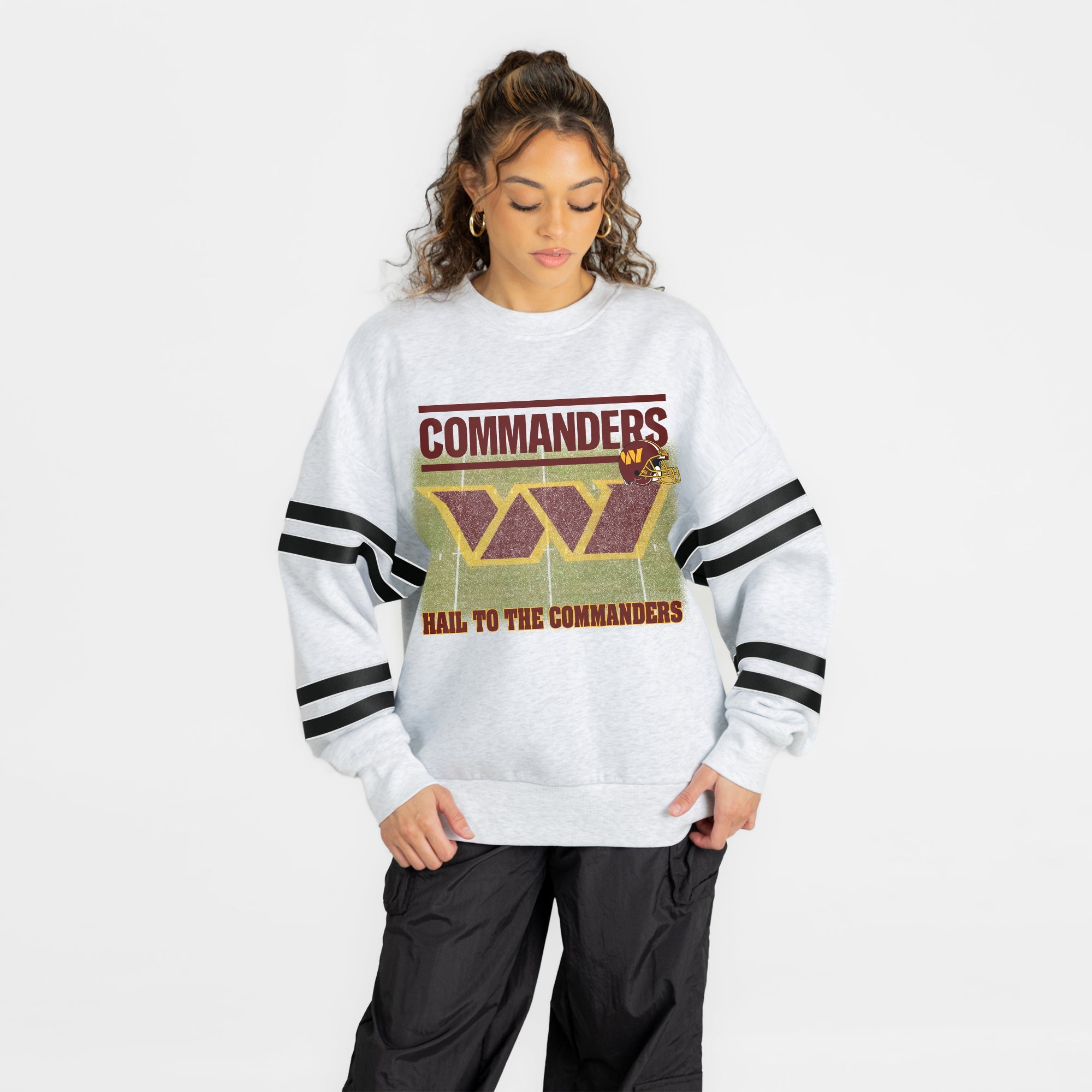 WASHINGTON COMMANDERS OFF THE GRID STRIPE SLEEVE CREWNECK SWEATSHIRT
