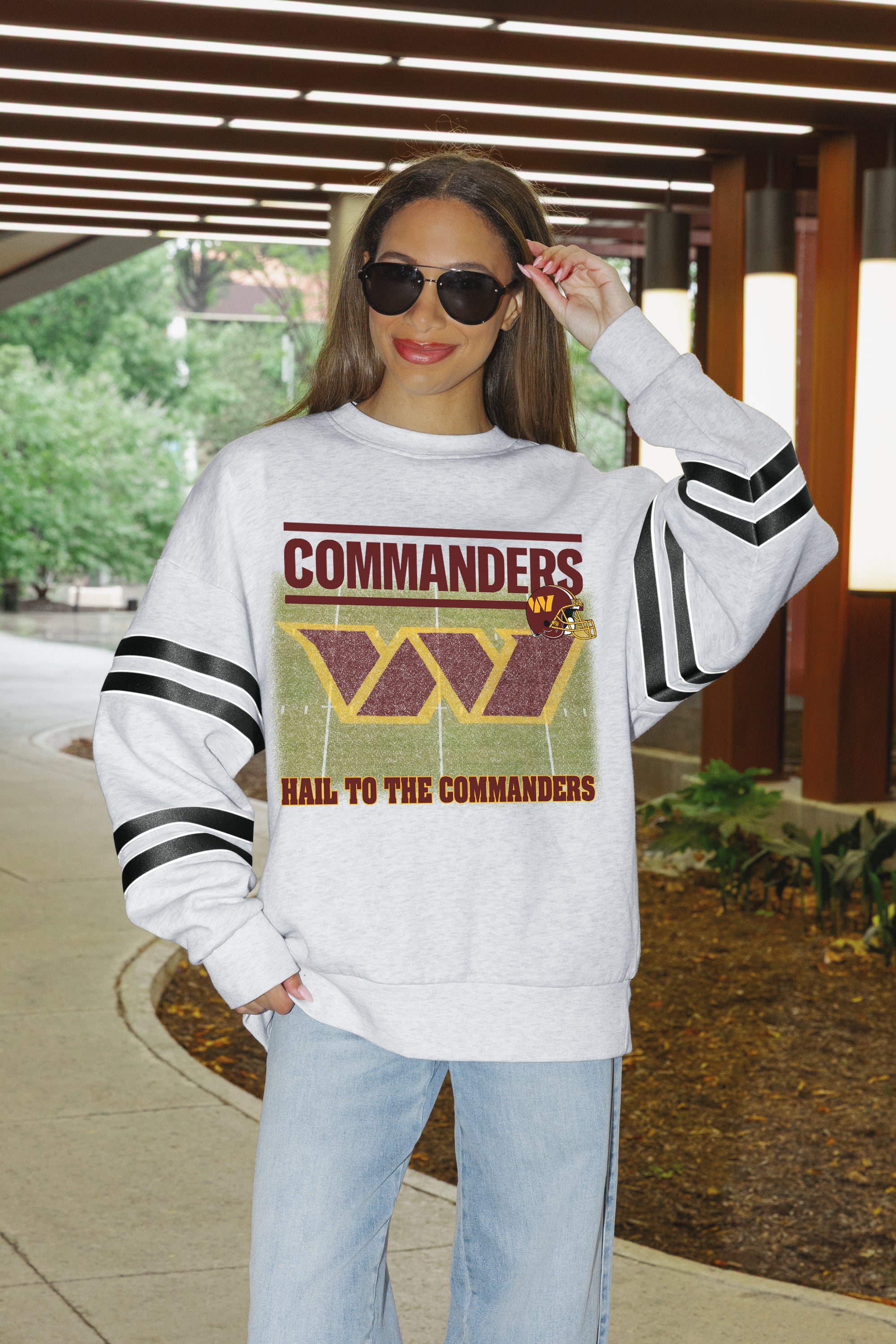 WASHINGTON COMMANDERS OFF THE GRID STRIPE SLEEVE CREWNECK SWEATSHIRT