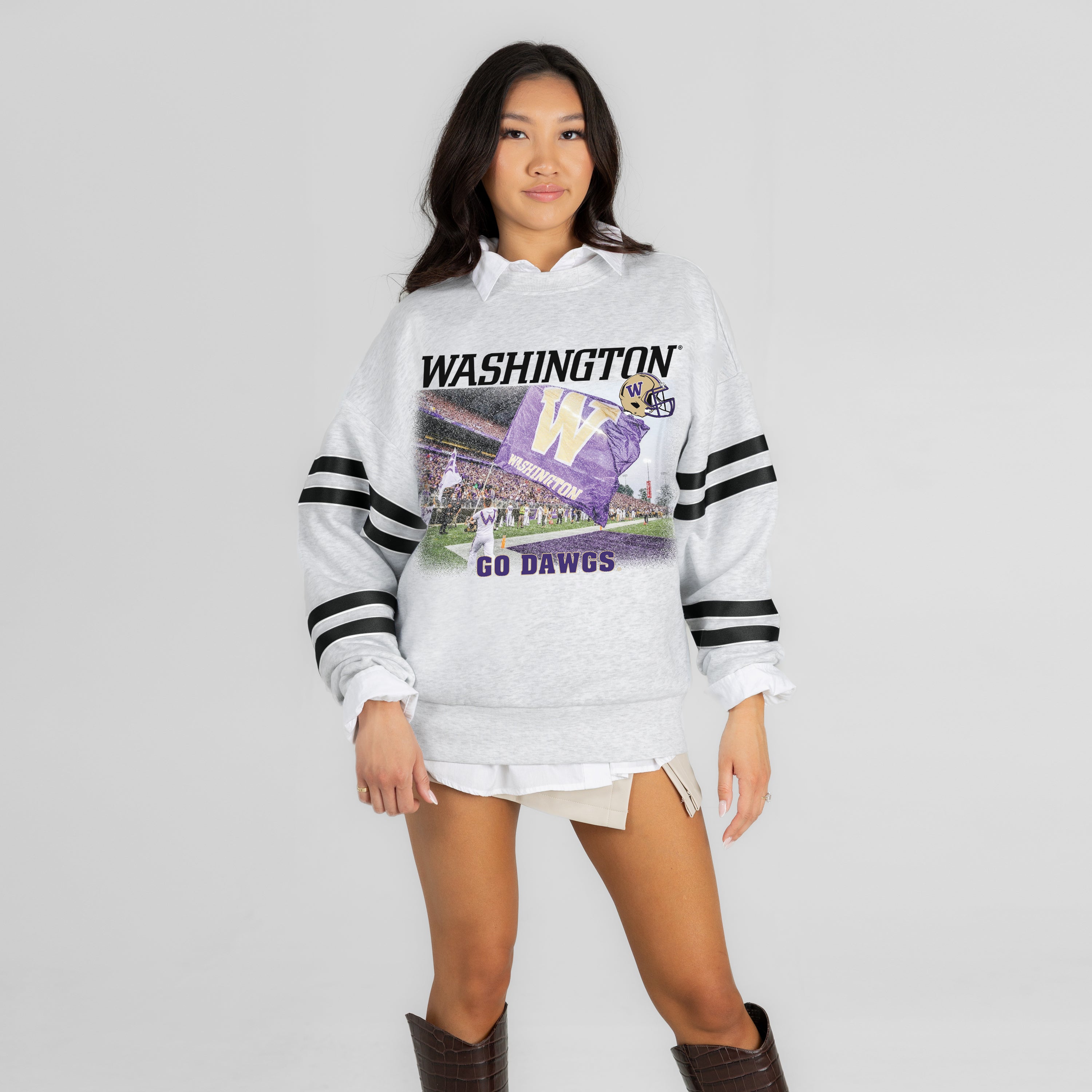 WASHINGTON HUSKIES OFF THE GRID STRIPE SLEEVE CREWNECK SWEATSHIRT