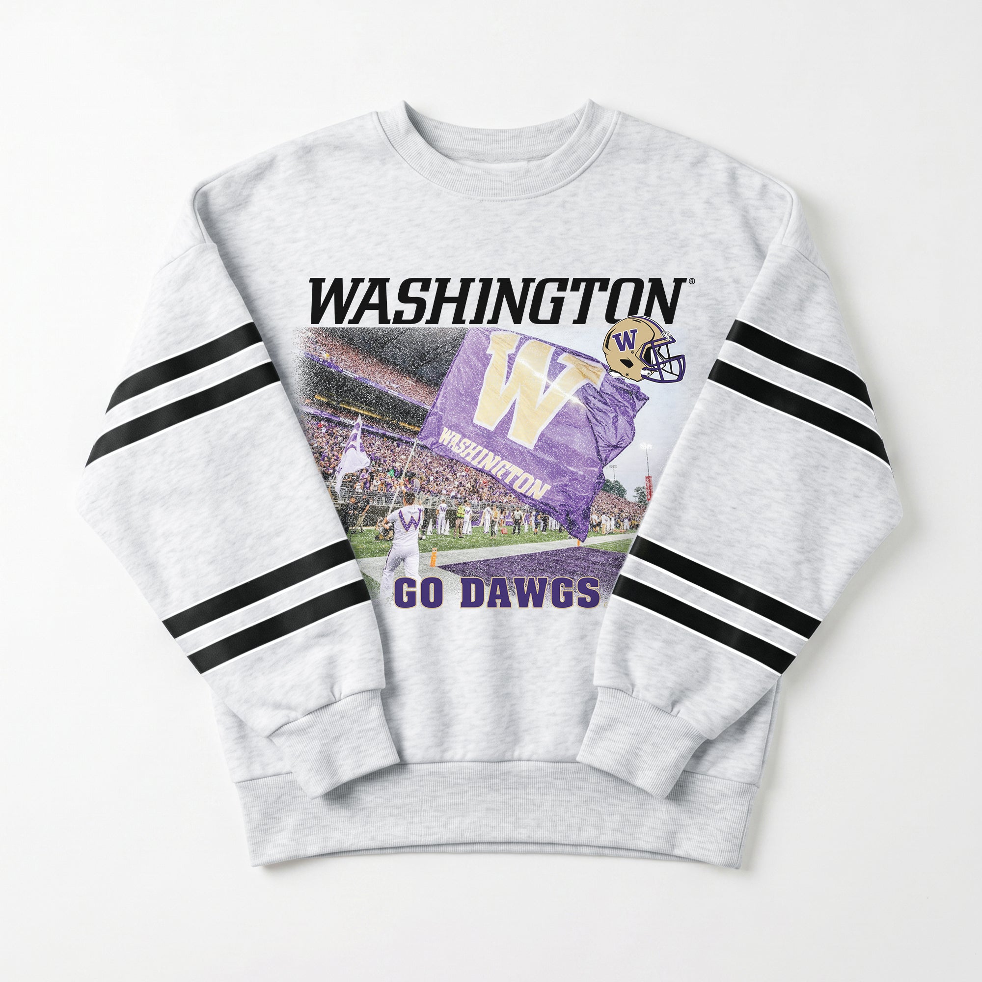 WASHINGTON HUSKIES OFF THE GRID STRIPE SLEEVE CREWNECK SWEATSHIRT