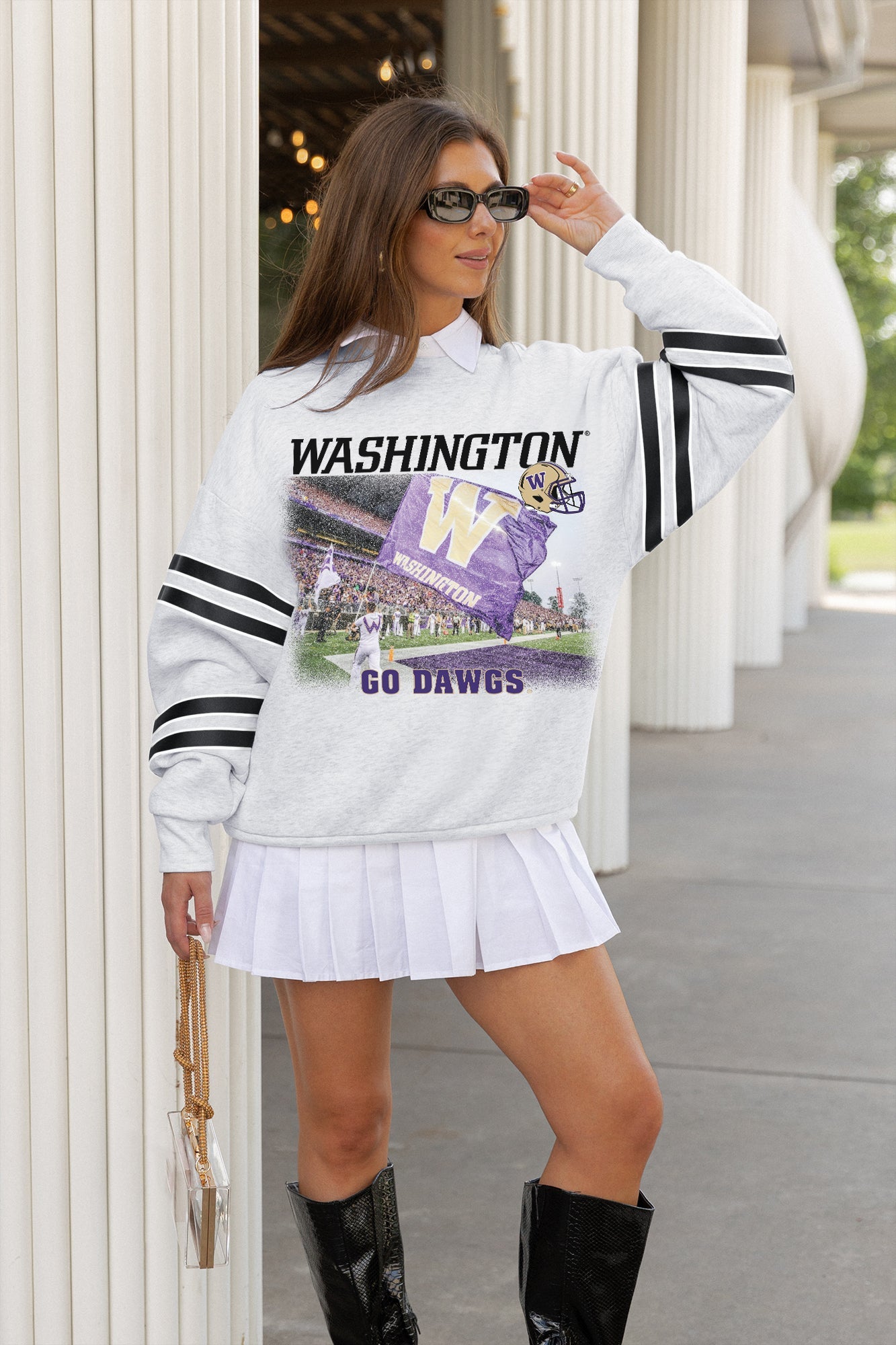 WASHINGTON HUSKIES OFF THE GRID STRIPE SLEEVE CREWNECK SWEATSHIRT