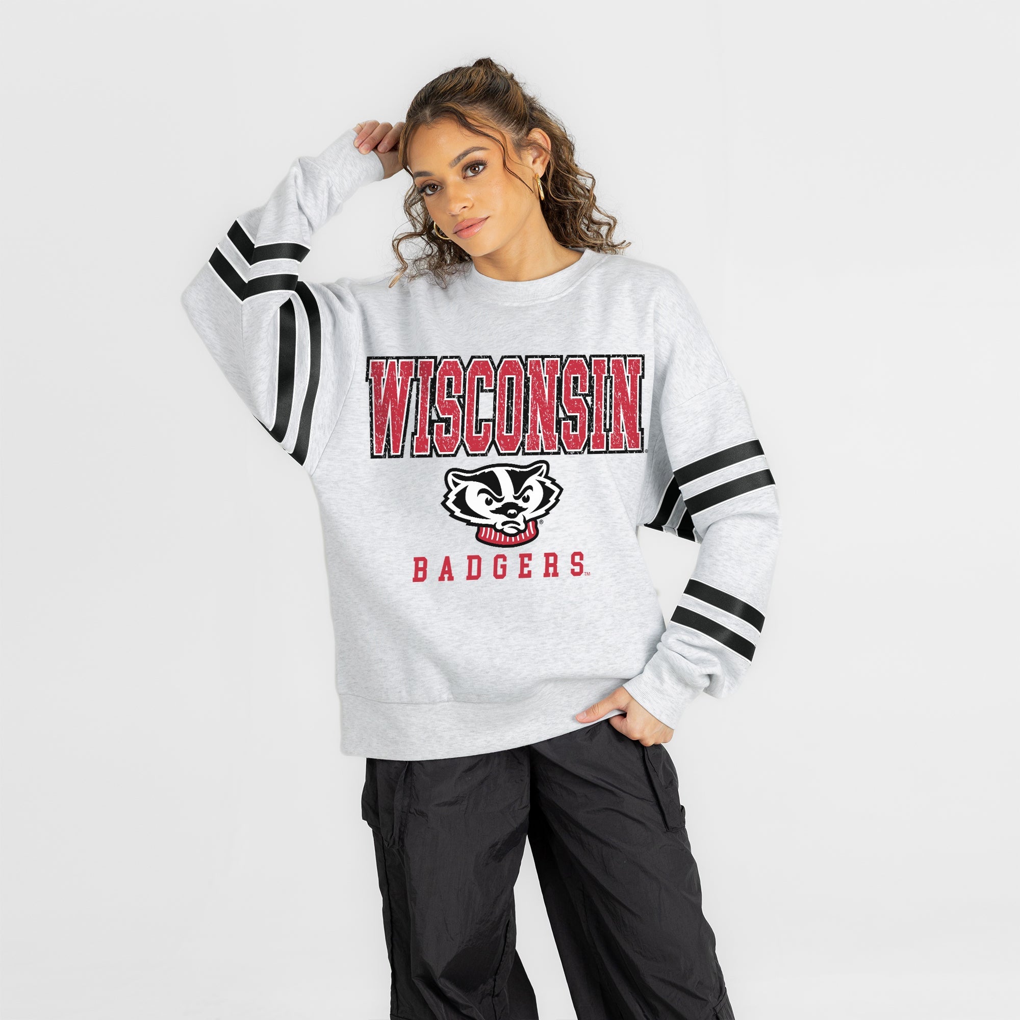 WISCONSIN BADGERS STADIUM STRIPES STRIPE SLEEVE CREWNECK SWEATSHIRT