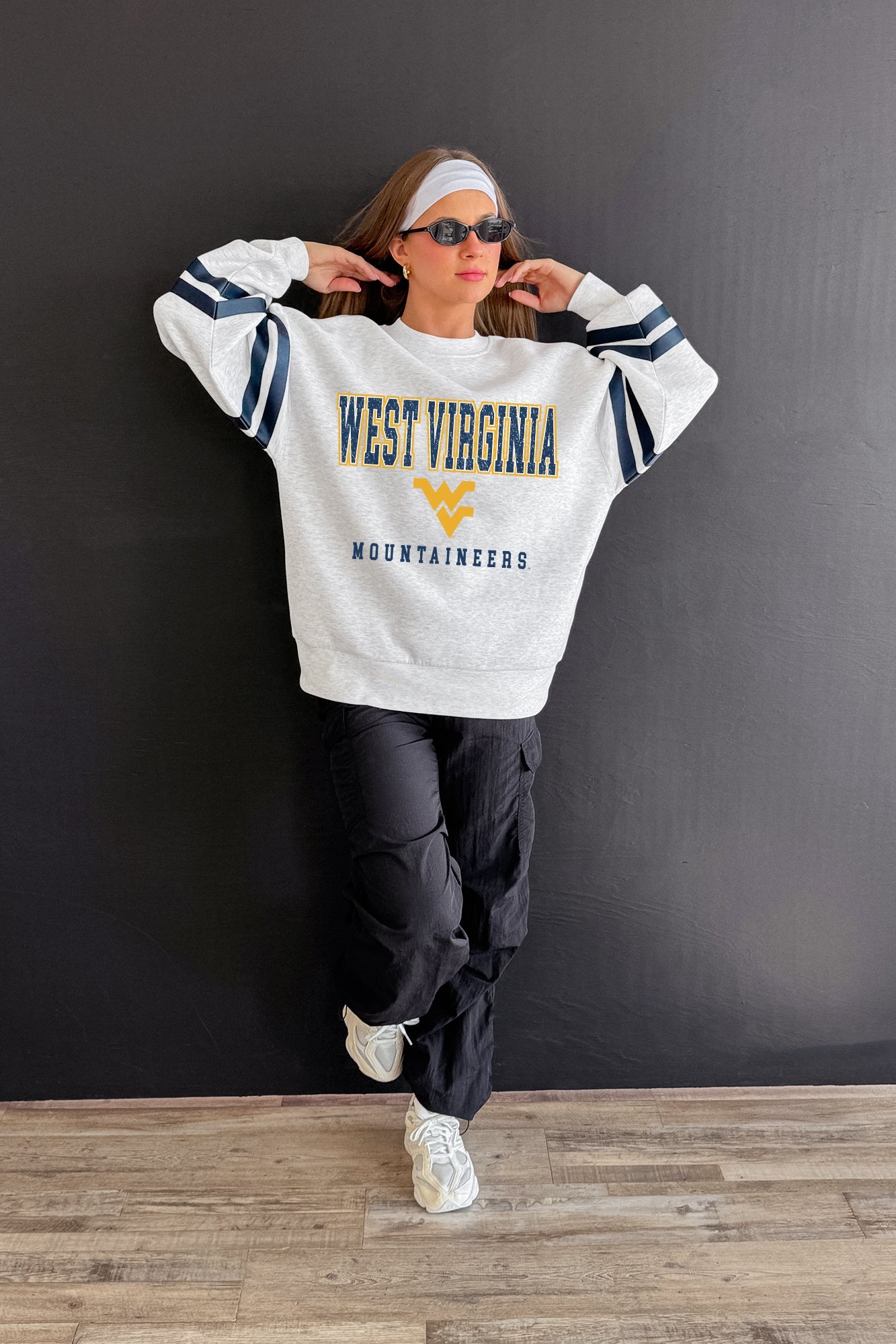 WEST VIRGINIA MOUNTAINEERS STADIUM STRIPES STRIPE SLEEVE CREWNECK SWEATSHIRT