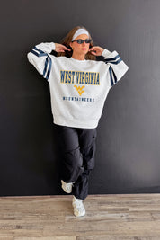 WEST VIRGINIA MOUNTAINEERS STADIUM STRIPES STRIPE SLEEVE CREWNECK SWEATSHIRT