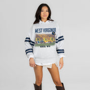 WEST VIRGINIA MOUNTAINEERS OFF THE GRID STRIPE SLEEVE CREWNECK SWEATSHIRT