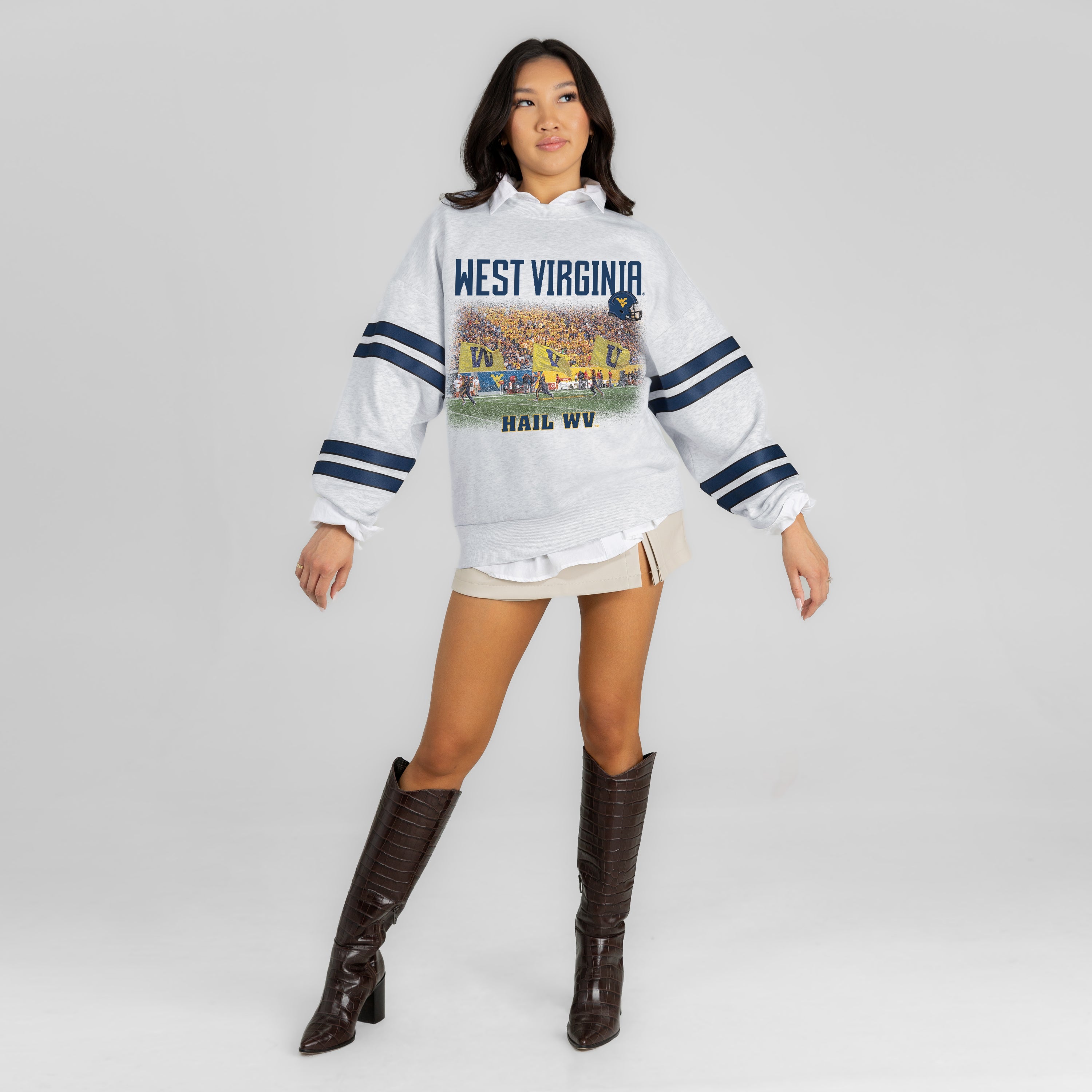 WEST VIRGINIA MOUNTAINEERS OFF THE GRID STRIPE SLEEVE CREWNECK SWEATSHIRT