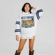 WEST VIRGINIA MOUNTAINEERS OFF THE GRID STRIPE SLEEVE CREWNECK SWEATSHIRT