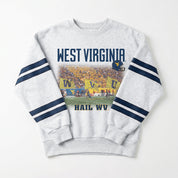 WEST VIRGINIA MOUNTAINEERS OFF THE GRID STRIPE SLEEVE CREWNECK SWEATSHIRT