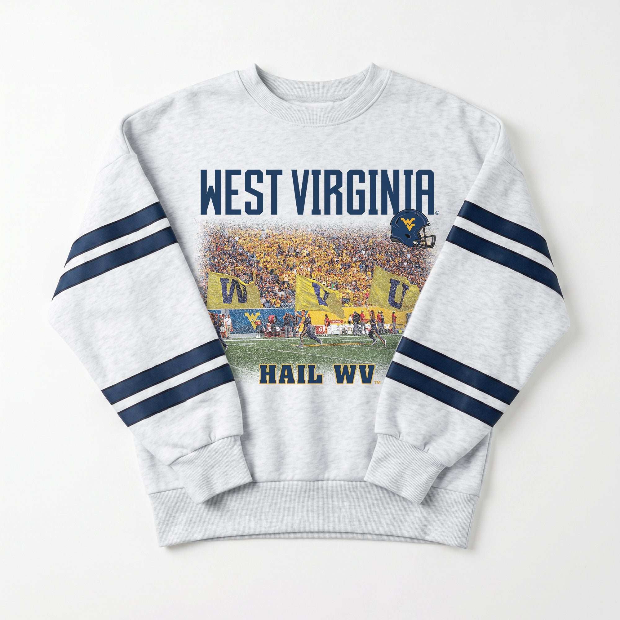 WEST VIRGINIA MOUNTAINEERS OFF THE GRID STRIPE SLEEVE CREWNECK SWEATSHIRT