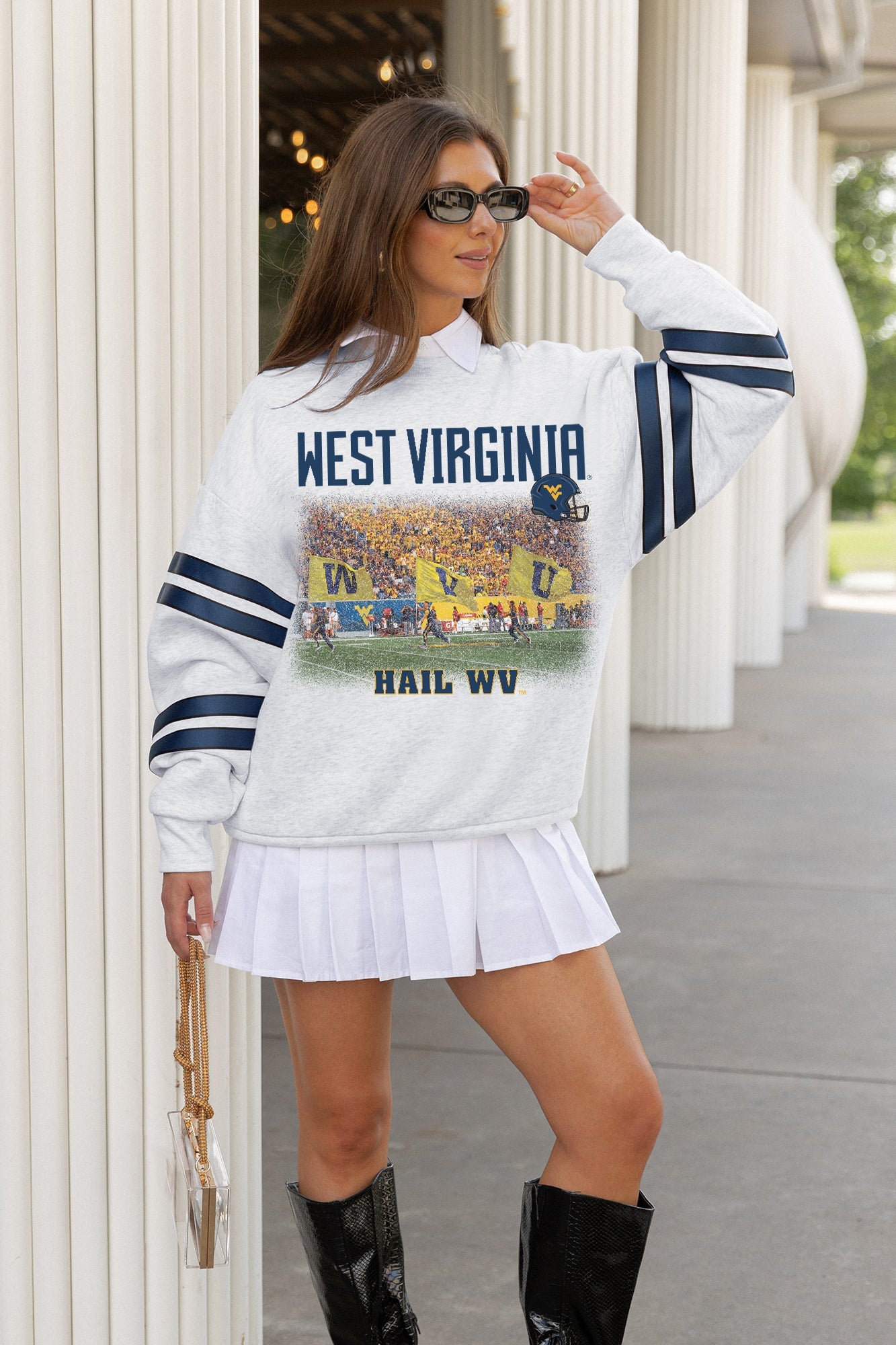 WEST VIRGINIA MOUNTAINEERS OFF THE GRID STRIPE SLEEVE CREWNECK SWEATSHIRT