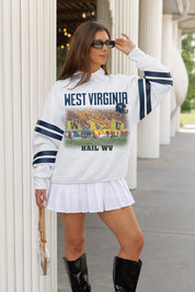 WEST VIRGINIA MOUNTAINEERS OFF THE GRID STRIPE SLEEVE CREWNECK SWEATSHIRT