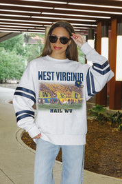 WEST VIRGINIA MOUNTAINEERS OFF THE GRID STRIPE SLEEVE CREWNECK SWEATSHIRT