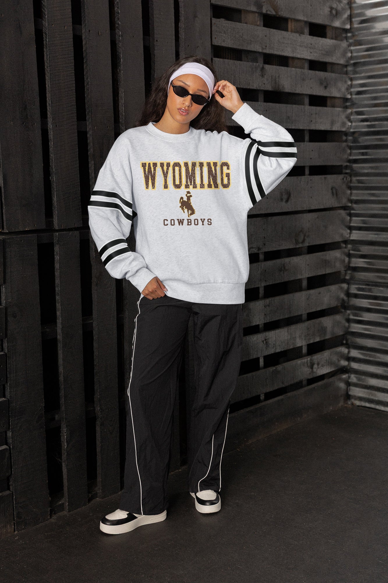 WYOMING COWBOYS STADIUM STRIPES STRIPE SLEEVE CREWNECK SWEATSHIRT