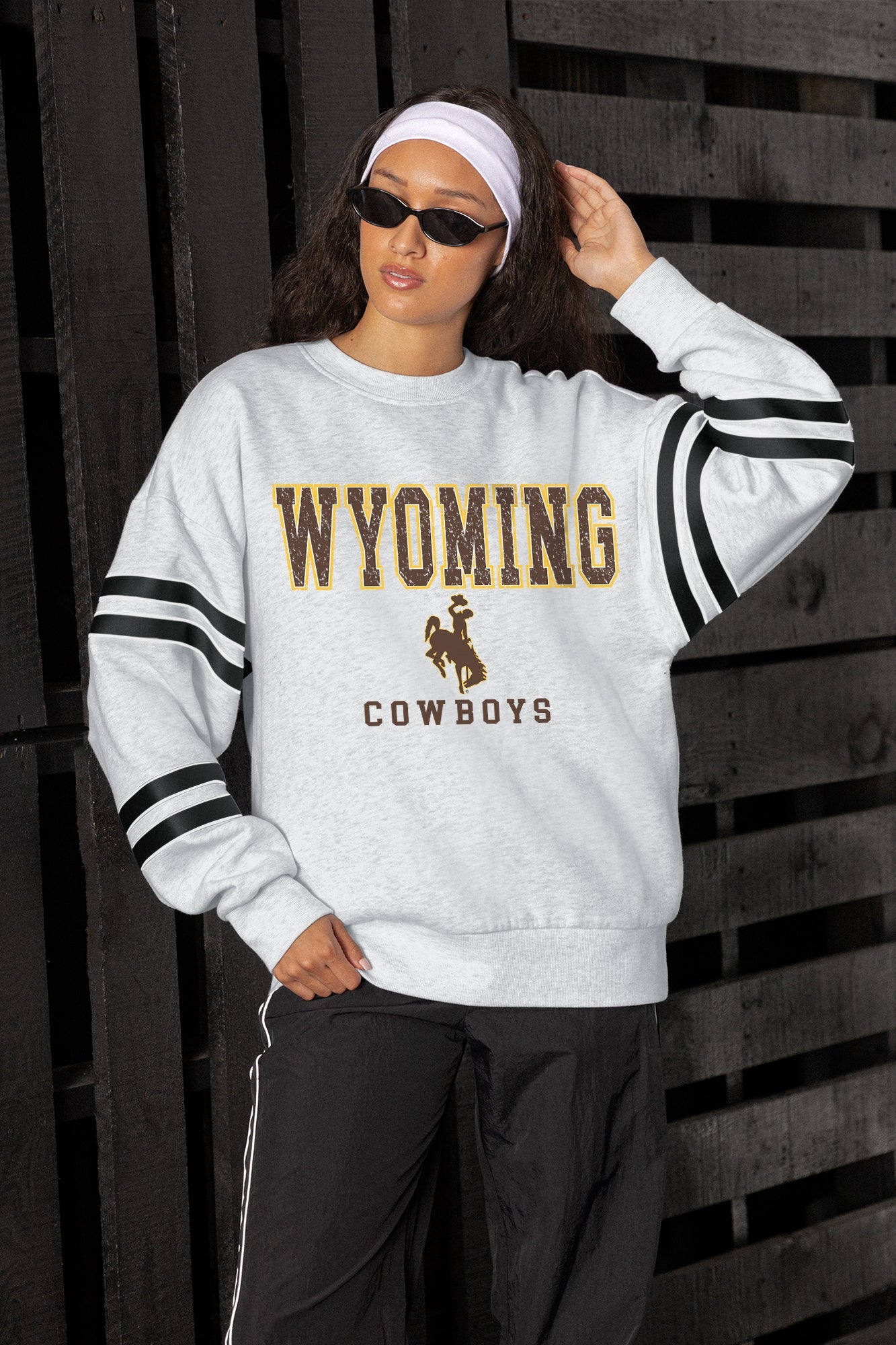 WYOMING COWBOYS STADIUM STRIPES STRIPE SLEEVE CREWNECK SWEATSHIRT