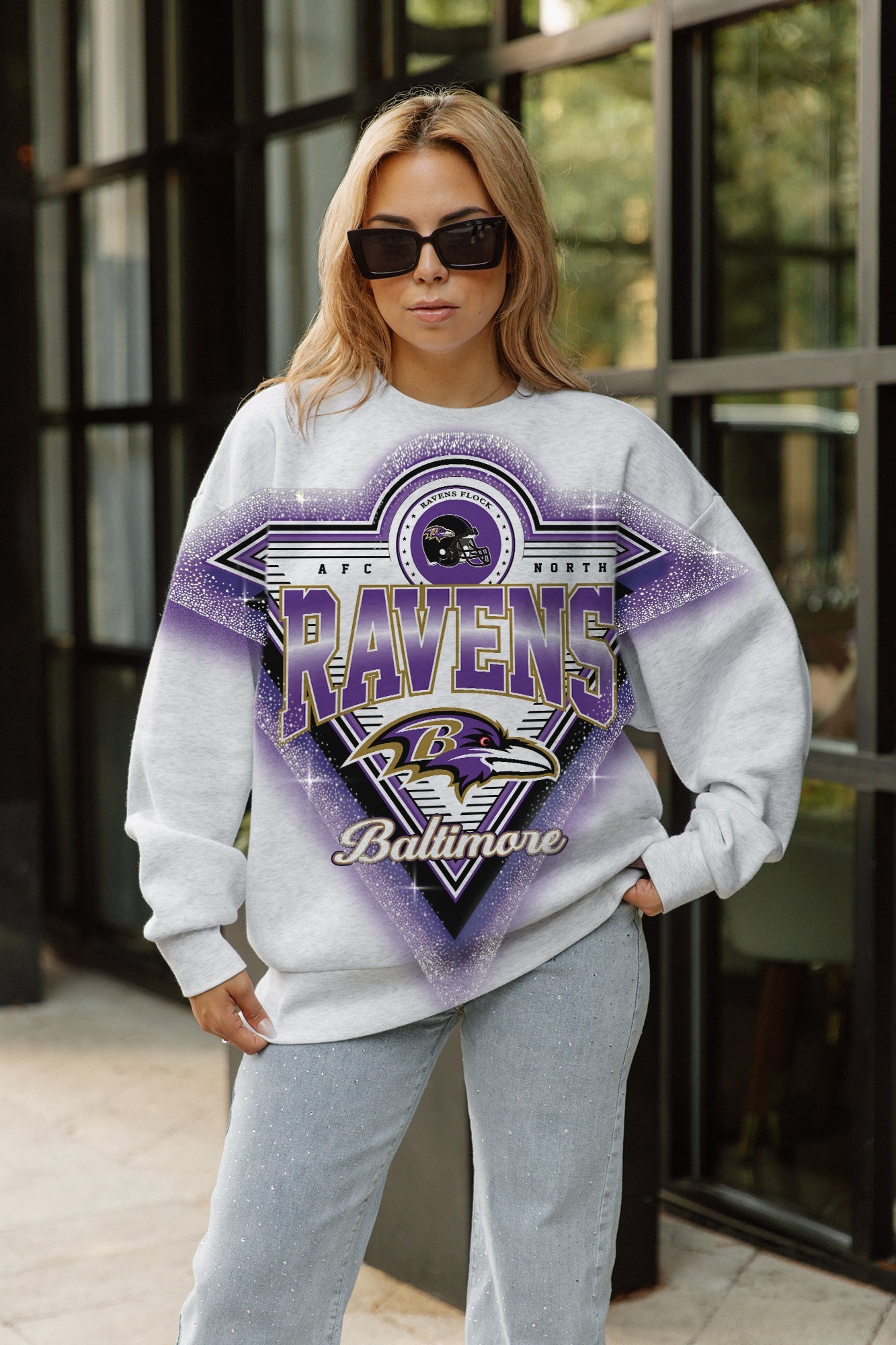 BALTIMORE RAVENS CHASING VICTORY RHINESTONE SPRAY PREMIUM CREWNECK SWEATSHIRT