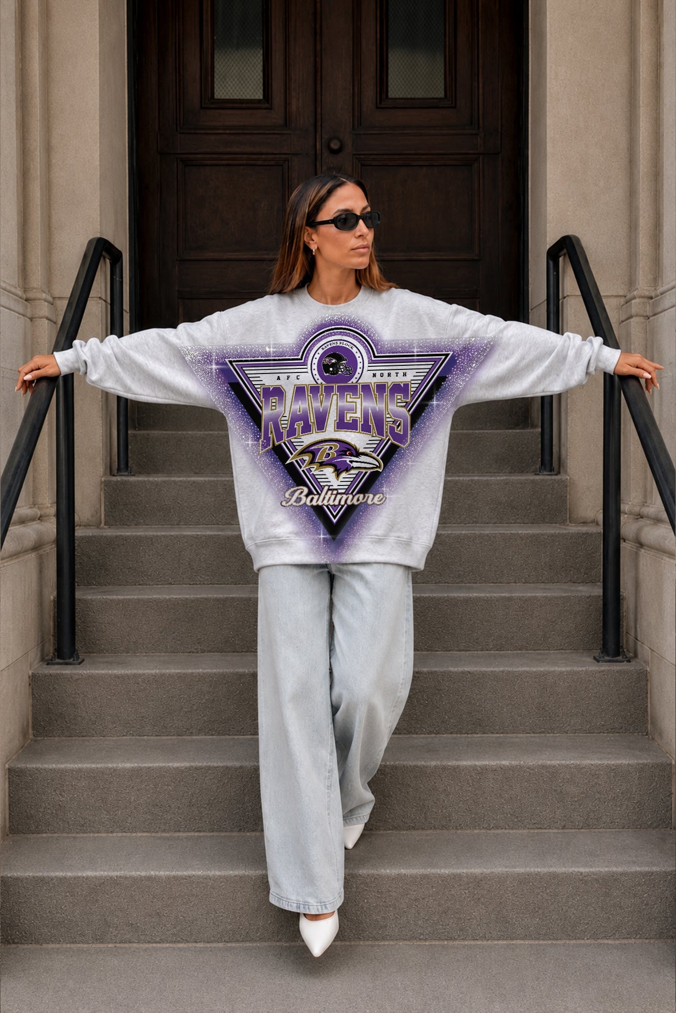 BALTIMORE RAVENS CHASING VICTORY RHINESTONE SPRAY PREMIUM CREWNECK SWEATSHIRT