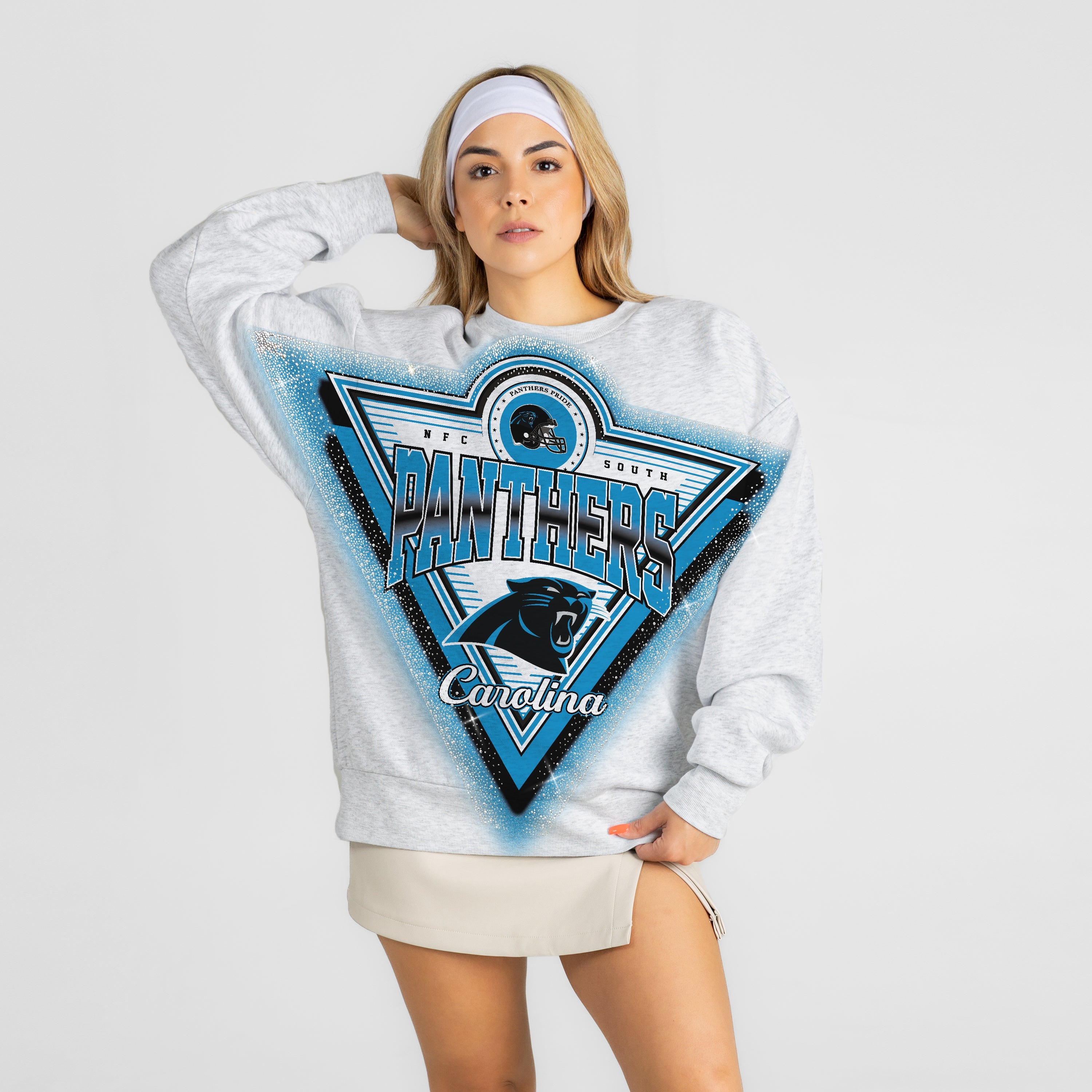 CAROLINA PANTHERS CHASING VICTORY RHINESTONE SPRAY PREMIUM CREWNECK SWEATSHIRT