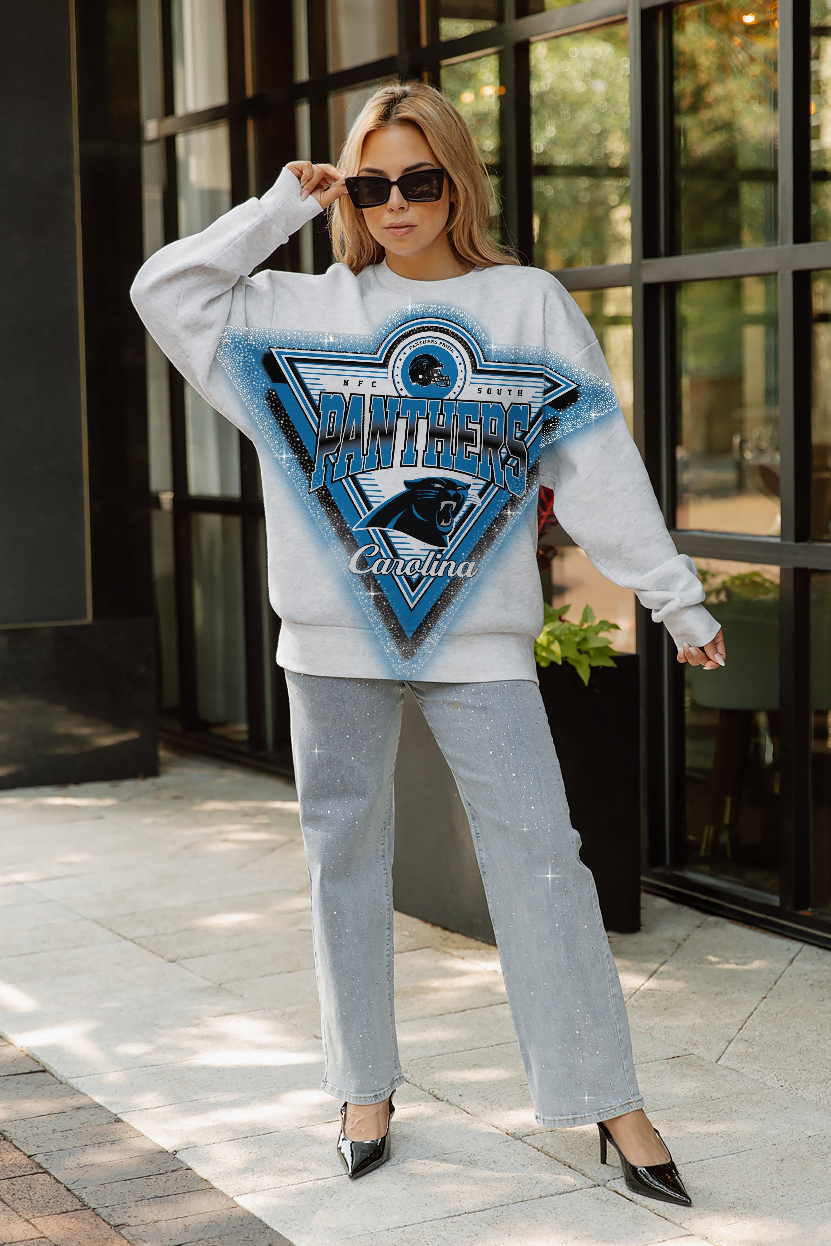 CAROLINA PANTHERS CHASING VICTORY RHINESTONE SPRAY PREMIUM CREWNECK SWEATSHIRT