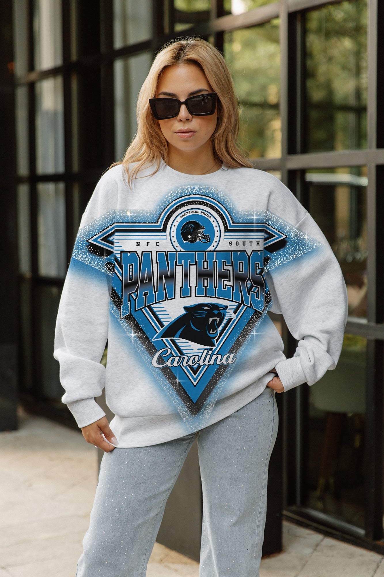 CAROLINA PANTHERS CHASING VICTORY RHINESTONE SPRAY PREMIUM CREWNECK SWEATSHIRT