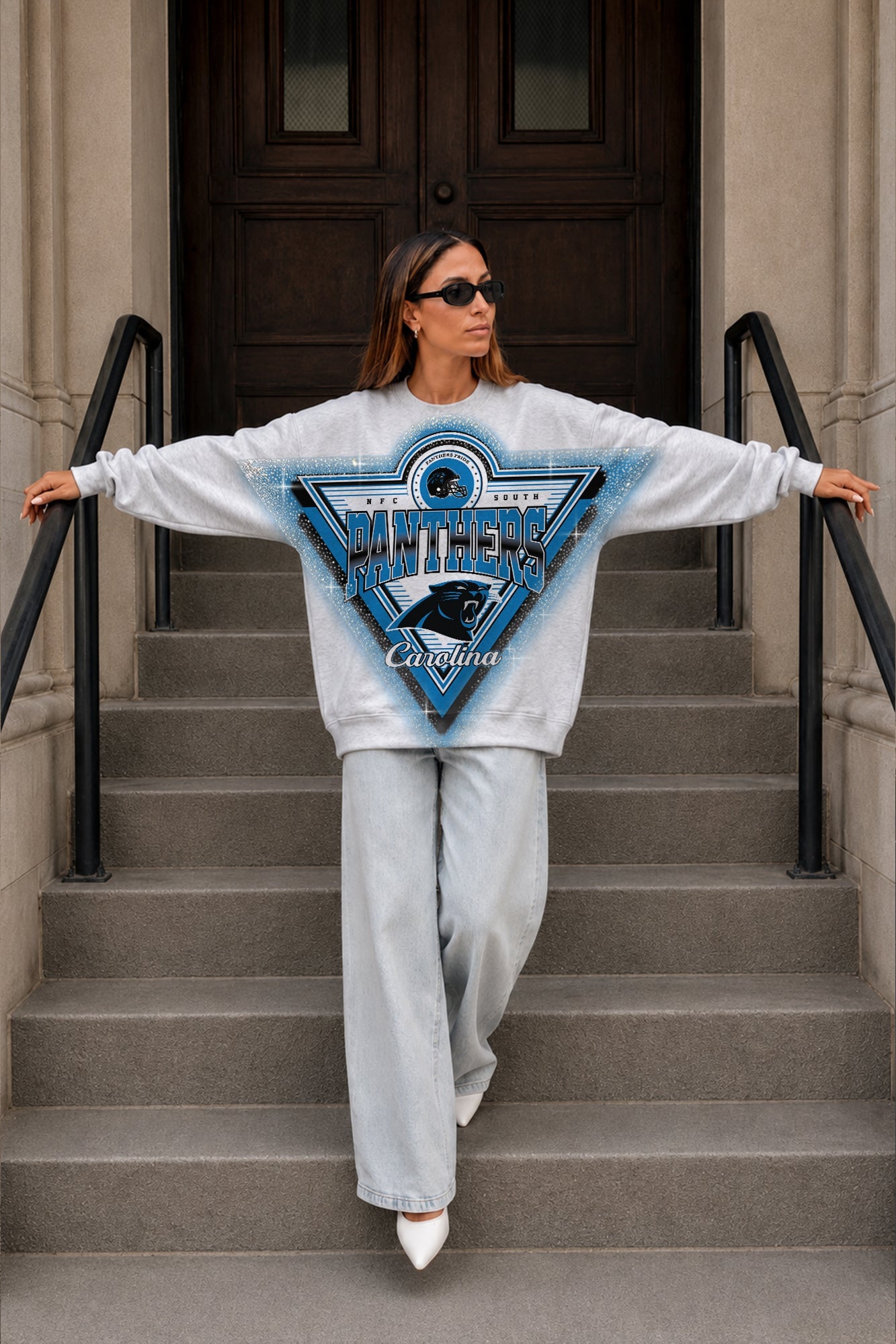 CAROLINA PANTHERS CHASING VICTORY RHINESTONE SPRAY PREMIUM CREWNECK SWEATSHIRT