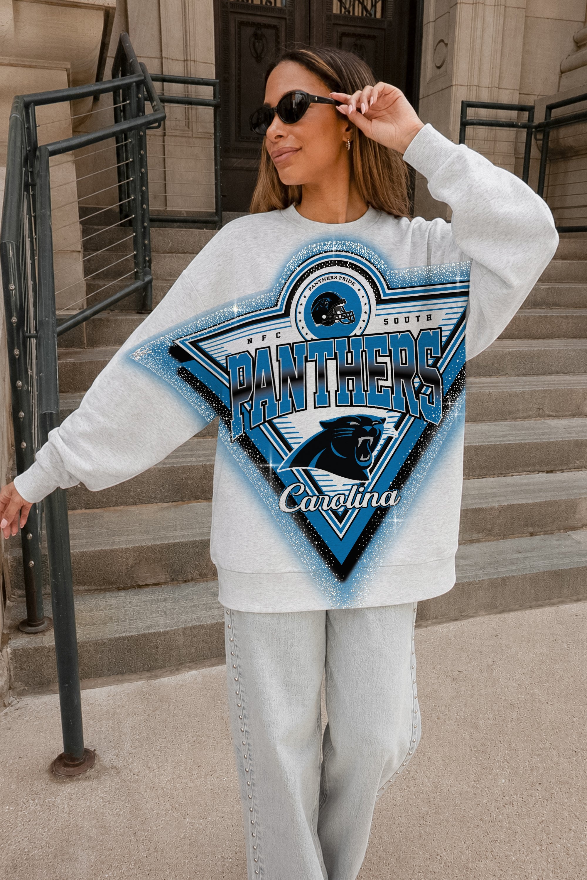 CAROLINA PANTHERS CHASING VICTORY RHINESTONE SPRAY PREMIUM CREWNECK SWEATSHIRT