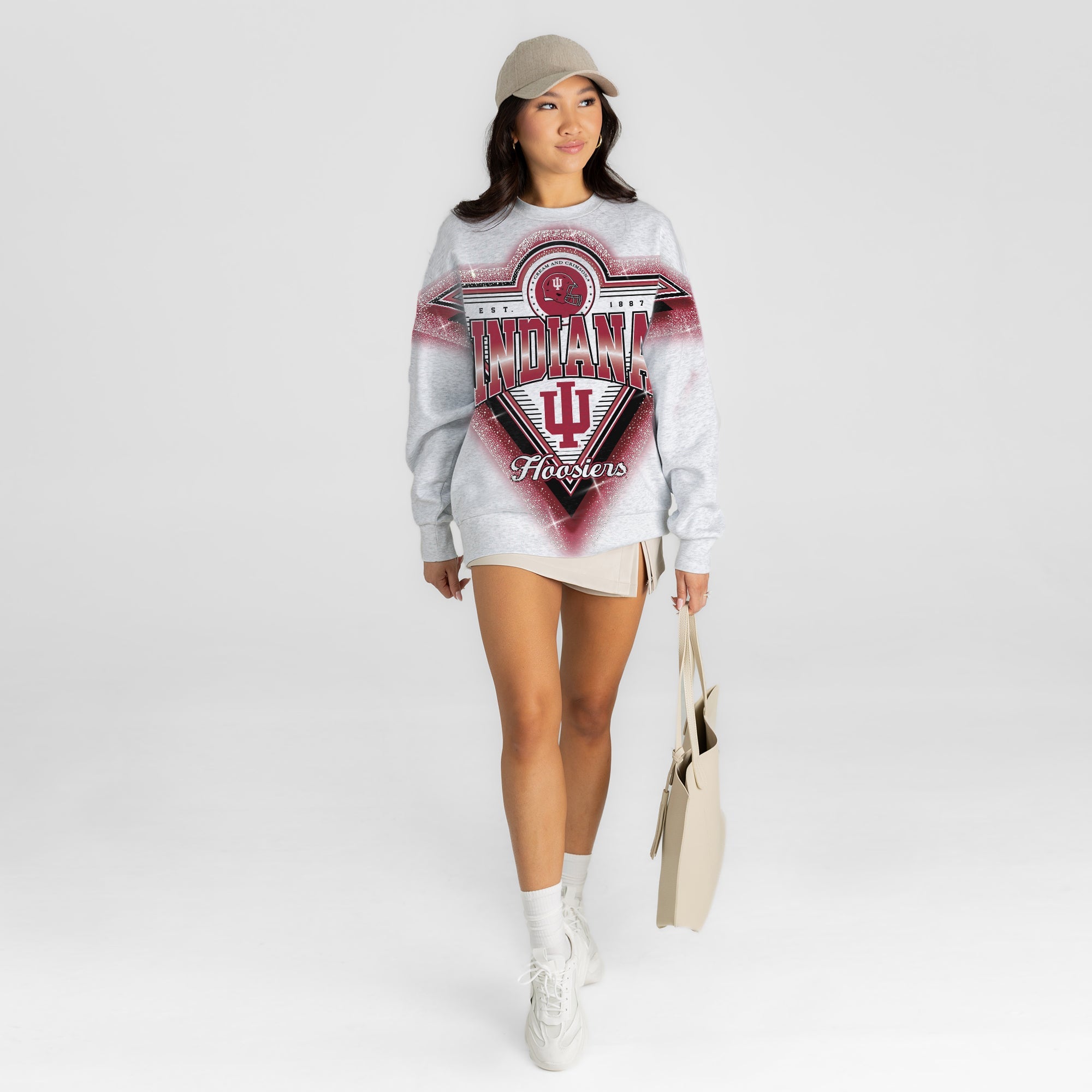 INDIANA HOOSIERS CHASING VICTORY RHINESTONE SPRAY PREMIUM CREWNECK SWEATSHIRT