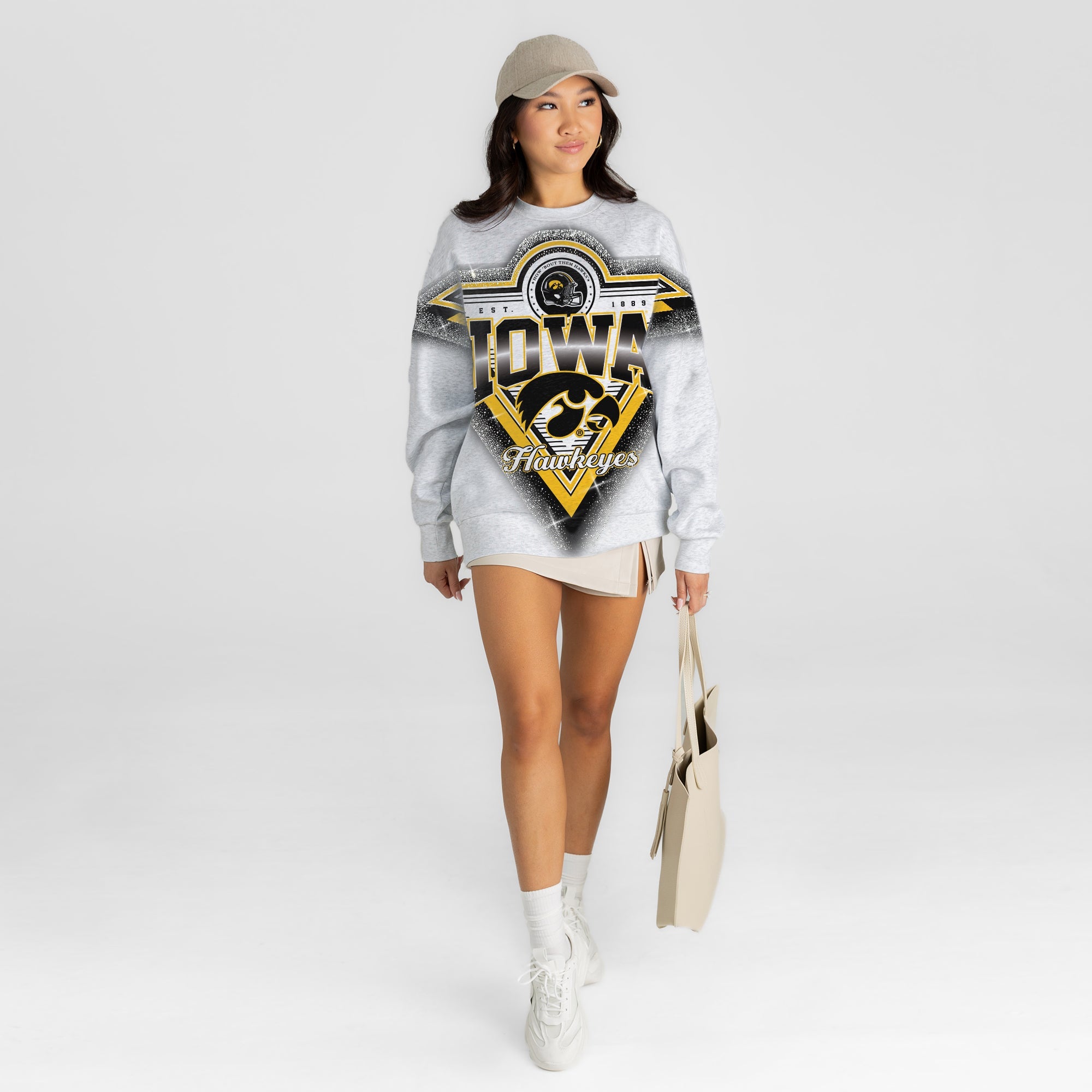 IOWA HAWKEYES CHASING VICTORY RHINESTONE SPRAY PREMIUM CREWNECK SWEATSHIRT