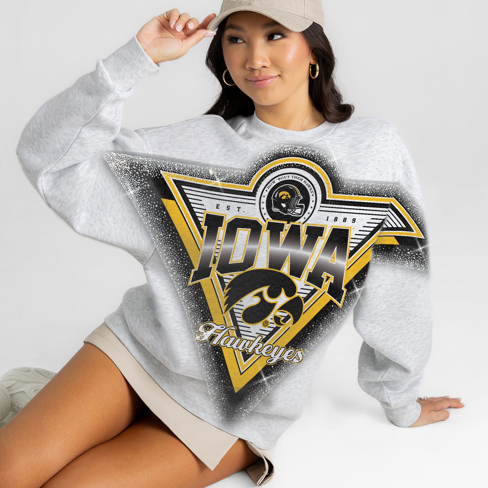 IOWA HAWKEYES CHASING VICTORY RHINESTONE SPRAY PREMIUM CREWNECK SWEATSHIRT