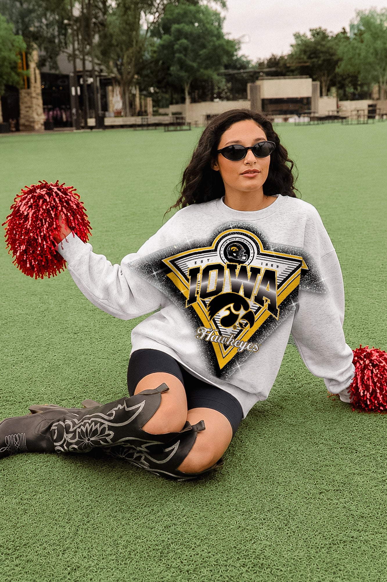 IOWA HAWKEYES CHASING VICTORY RHINESTONE SPRAY PREMIUM CREWNECK SWEATSHIRT