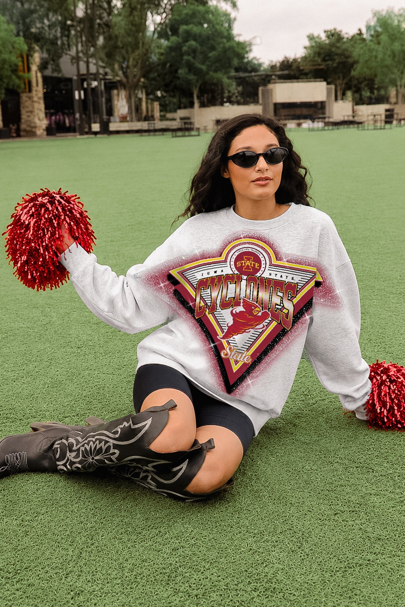 IOWA STATE CYCLONES CHASING VICTORY RHINESTONE SPRAY PREMIUM CREWNECK SWEATSHIRT