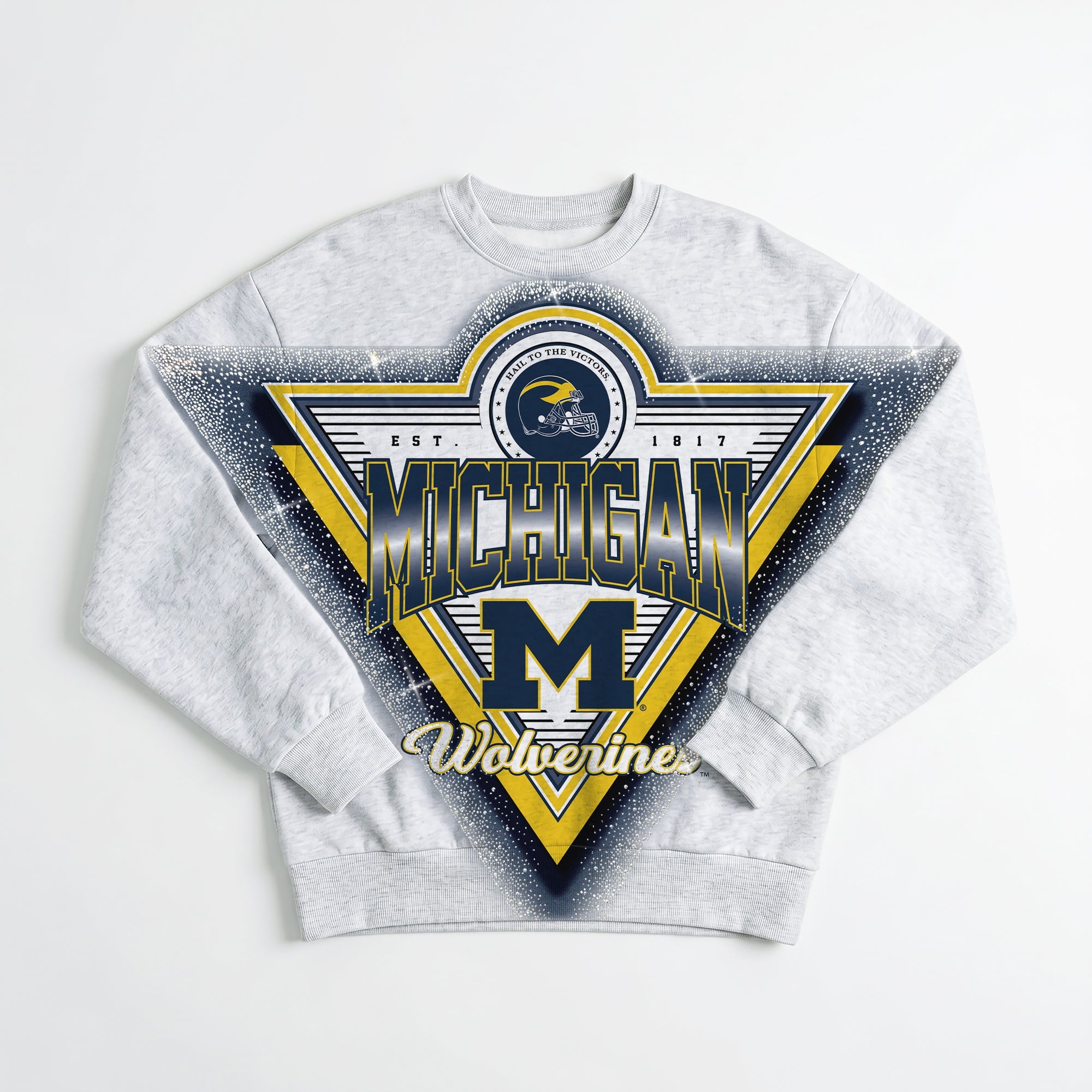 MICHIGAN WOLVERINES CHASING VICTORY RHINESTONE SPRAY PREMIUM CREWNECK SWEATSHIRT