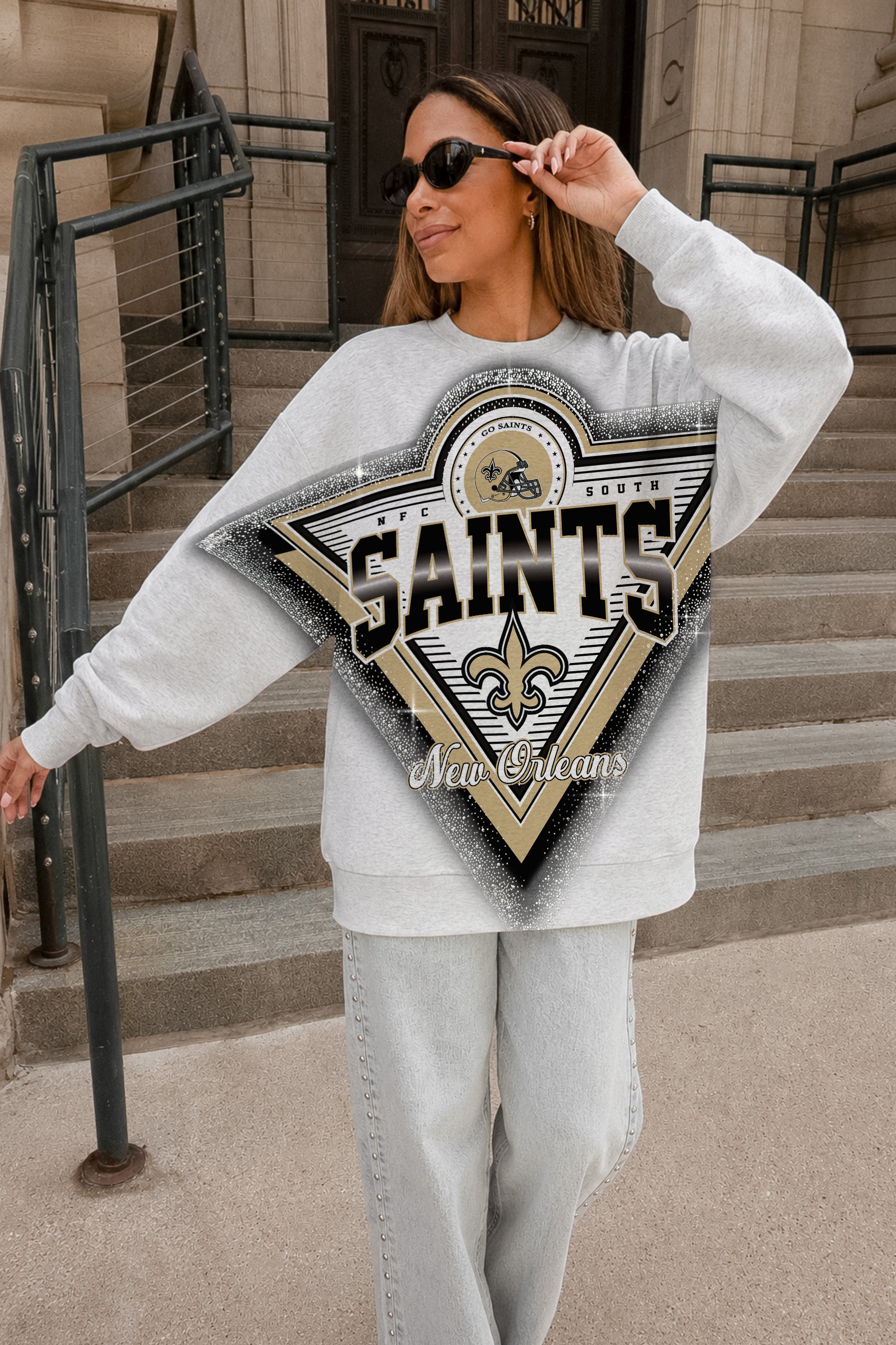 NEW ORLEANS SAINTS CHASING VICTORY RHINESTONE SPRAY PREMIUM CREWNECK SWEATSHIRT