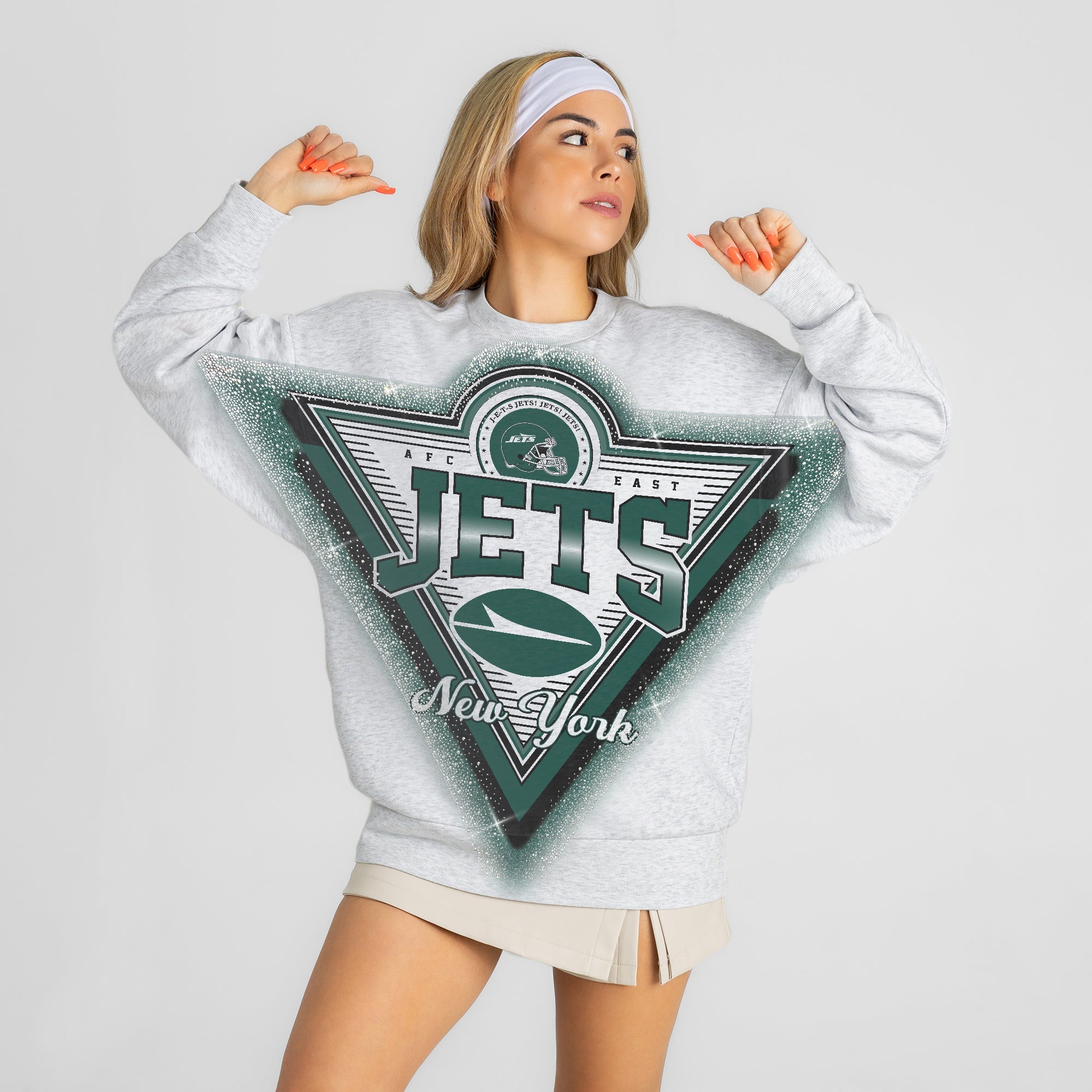 NEW YORK JETS CHASING VICTORY RHINESTONE SPRAY PREMIUM CREWNECK SWEATSHIRT