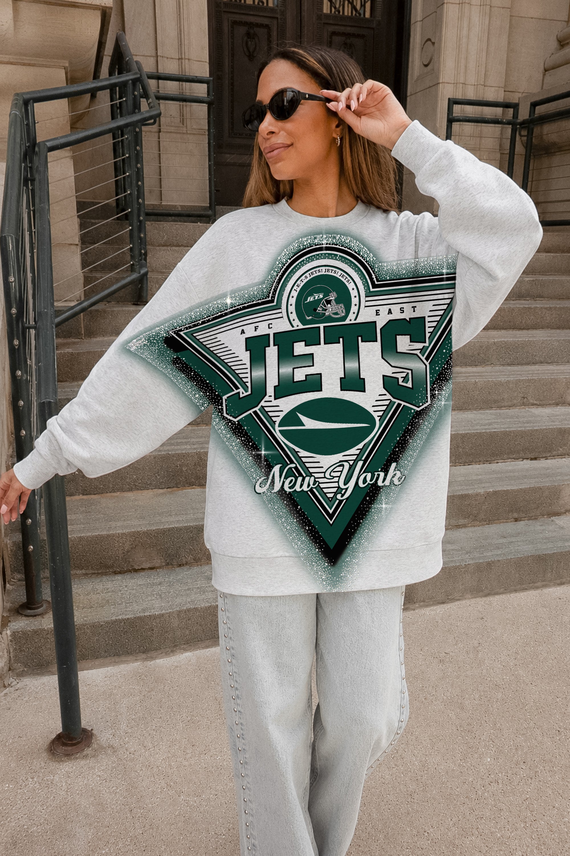 NEW YORK JETS CHASING VICTORY RHINESTONE SPRAY PREMIUM CREWNECK SWEATSHIRT