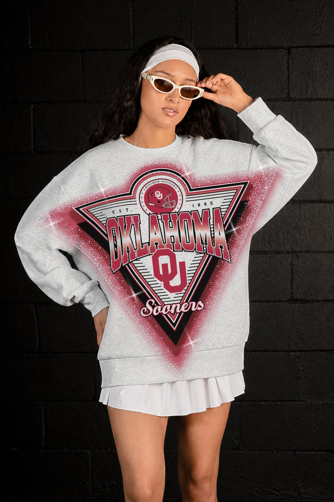 OKLAHOMA SOONERS CHASING VICTORY RHINESTONE SPRAY PREMIUM CREWNECK SWEATSHIRT
